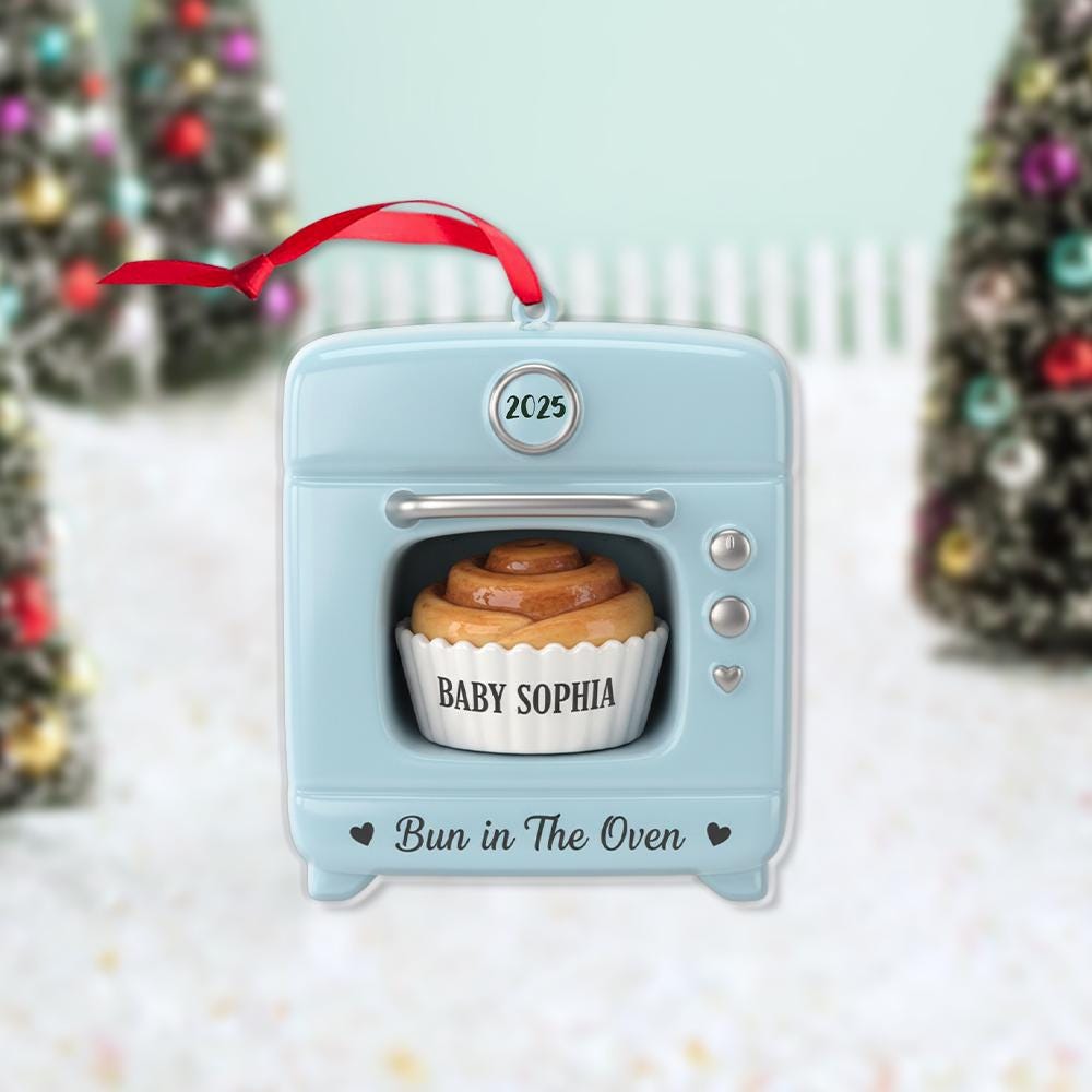 Personalized Baby Announcement Ornament – Acrylic Blue Oven with Bun in The Oven Design