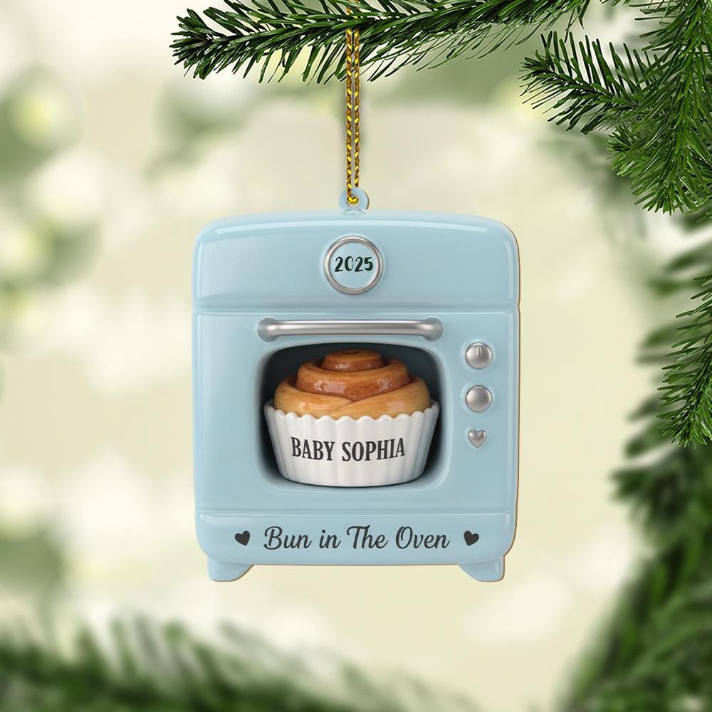 Personalized Baby Announcement Ornament – Acrylic Blue Oven with Bun in The Oven Design