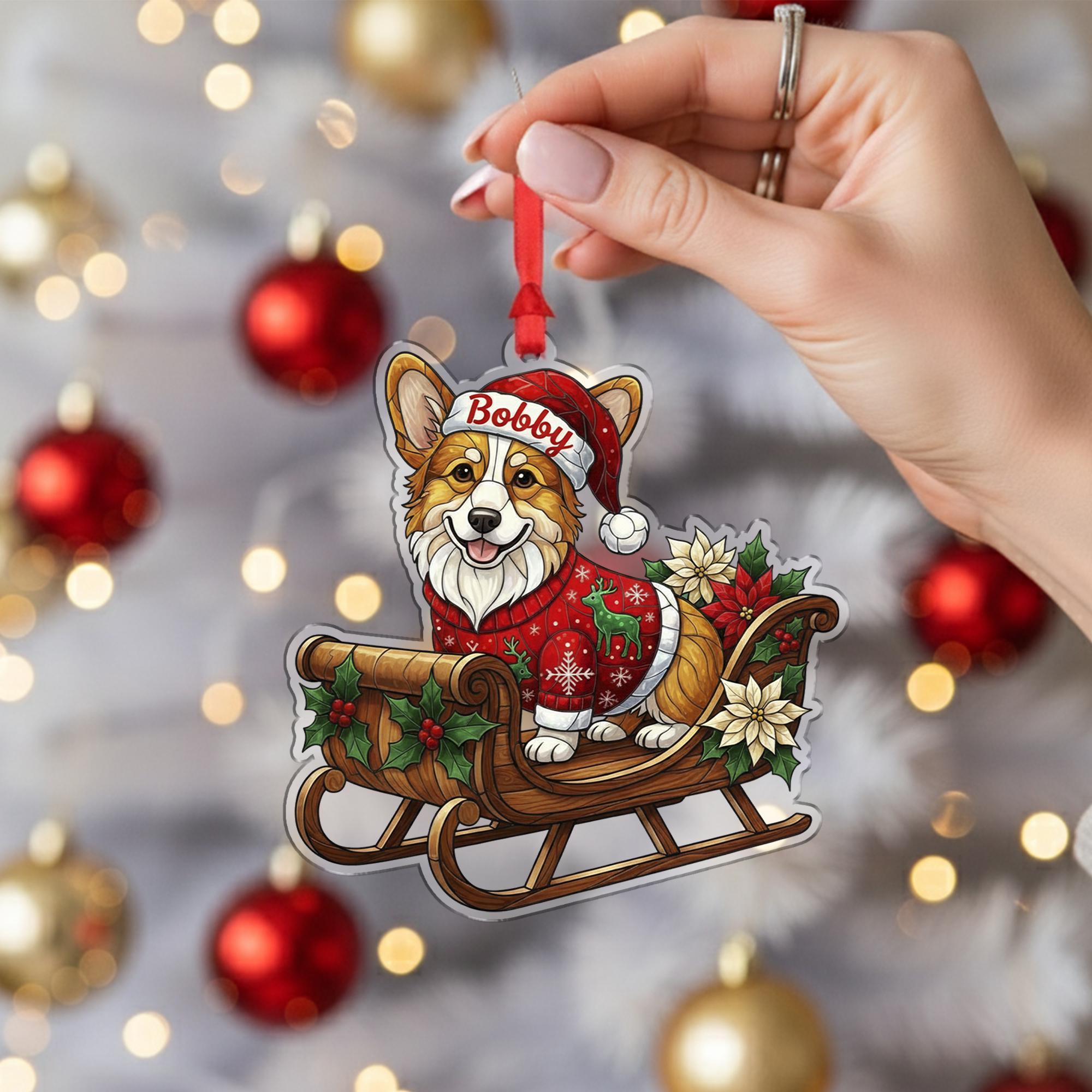 Corgi Christmas Ornament – Dog in Sleigh with Santa Hat and Sweater
