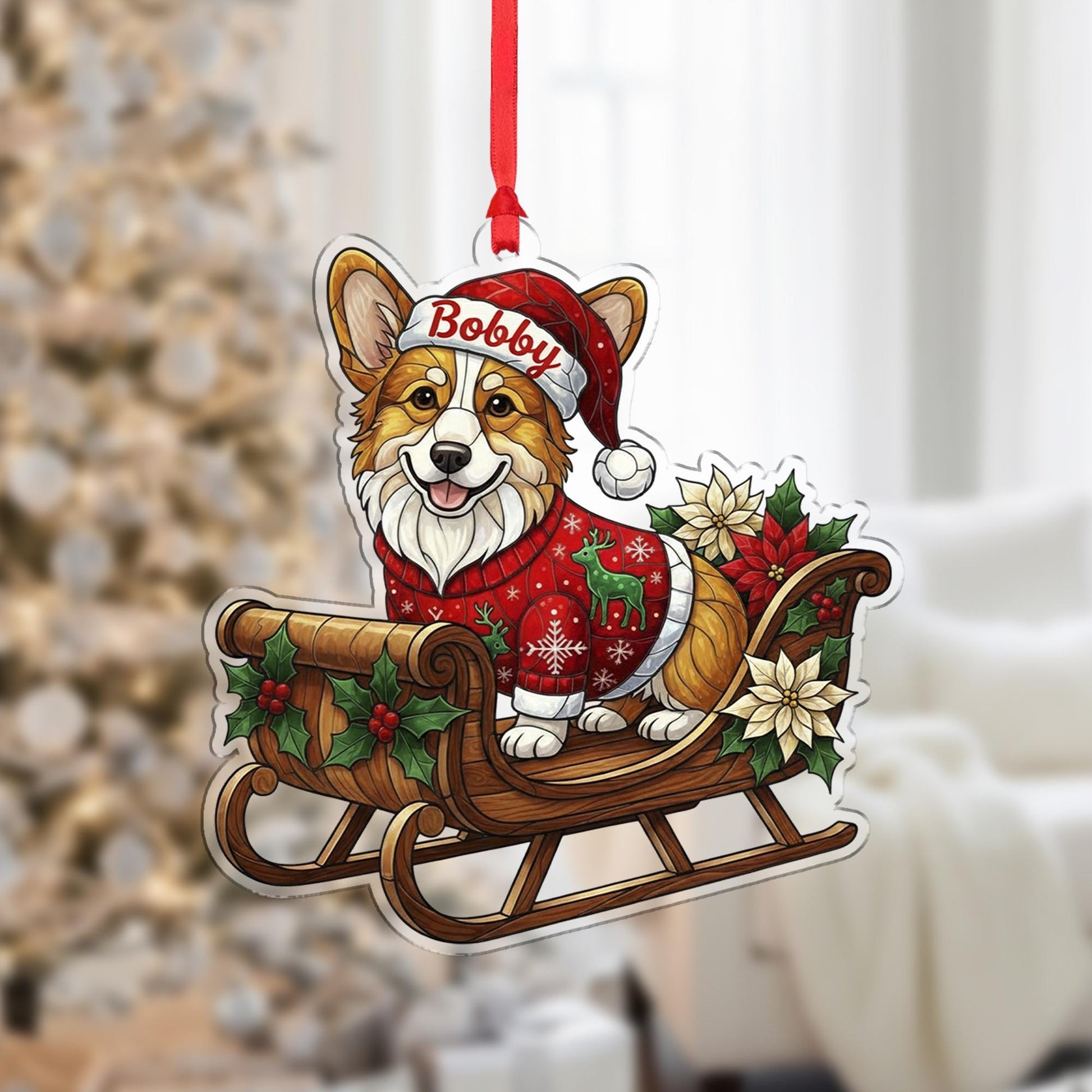 Corgi Christmas Ornament – Dog in Sleigh with Santa Hat and Sweater