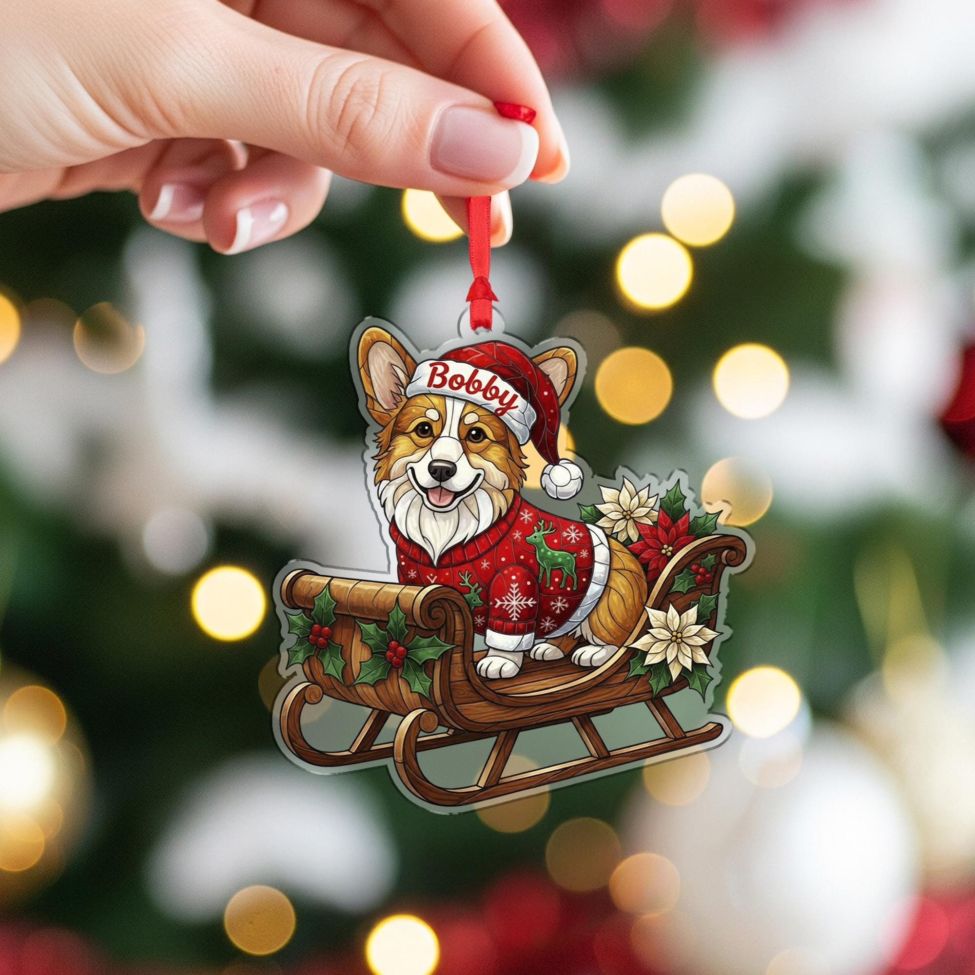 Corgi Christmas Ornament – Dog in Sleigh with Santa Hat and Sweater