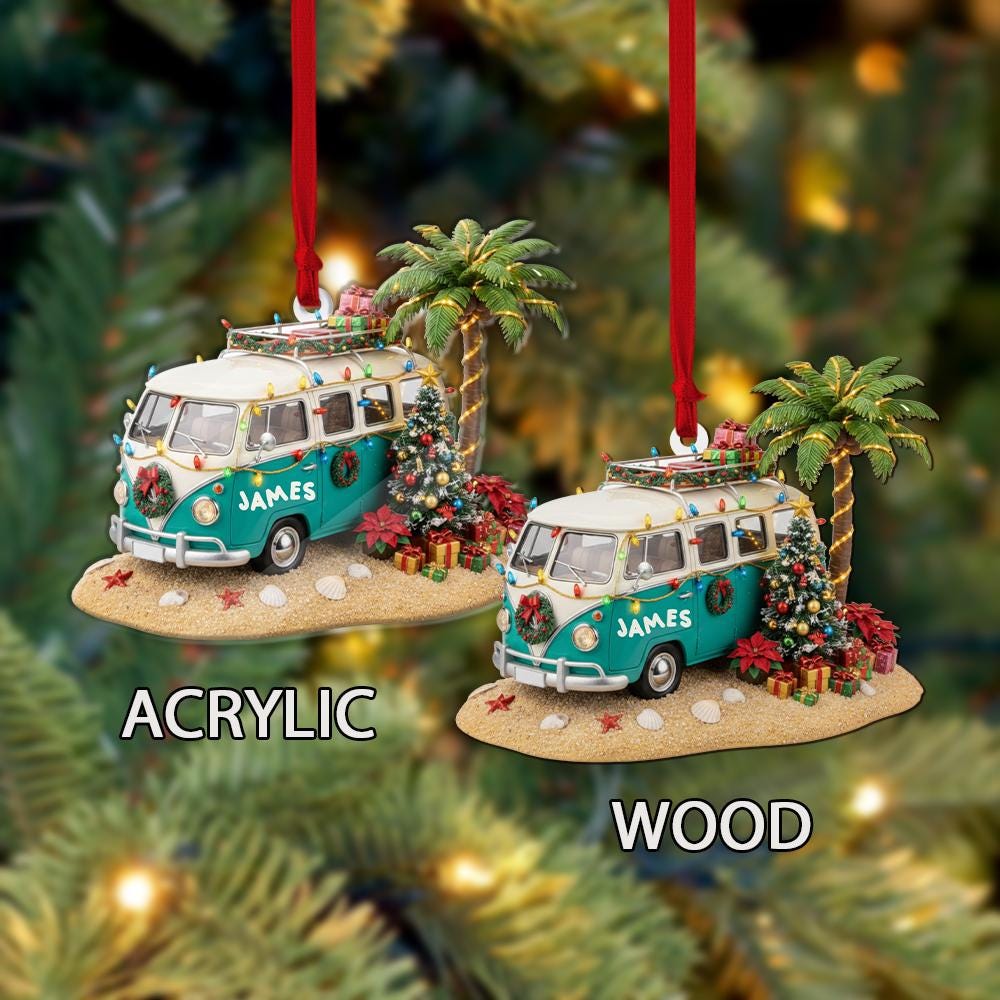 Custom Christmas Ornament Beach Van with Palm Tree and Holiday Lights