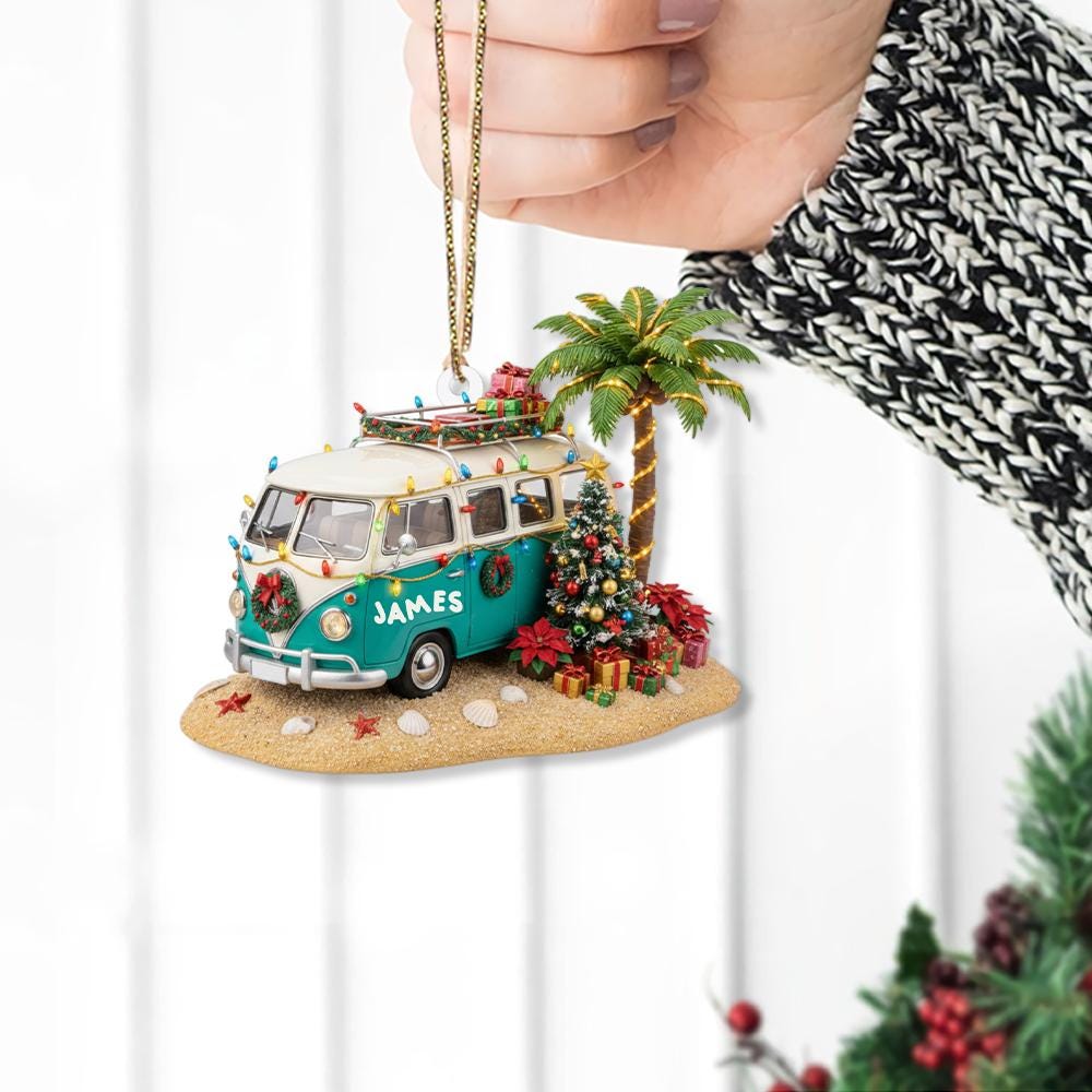 Custom Christmas Ornament Beach Van with Palm Tree and Holiday Lights