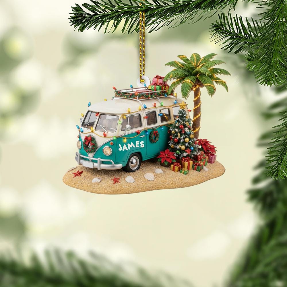 Custom Christmas Ornament Beach Van with Palm Tree and Holiday Lights