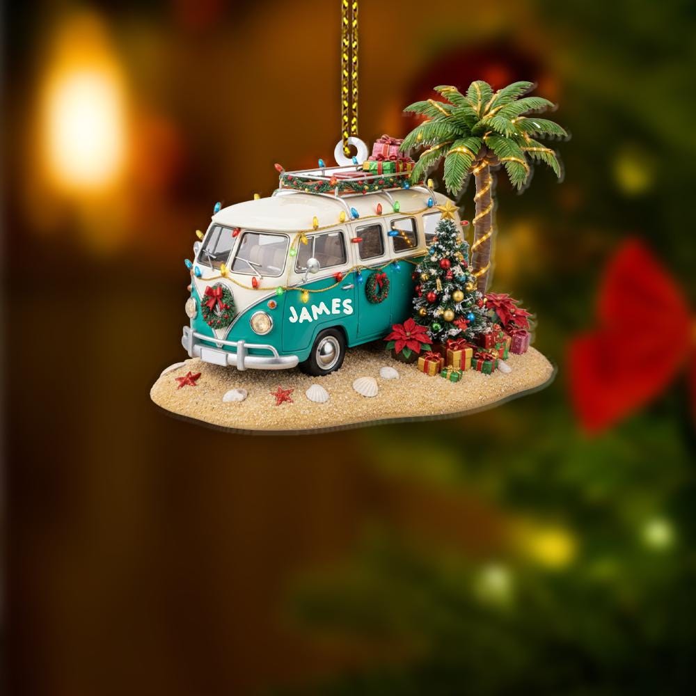 Custom Christmas Ornament Beach Van with Palm Tree and Holiday Lights