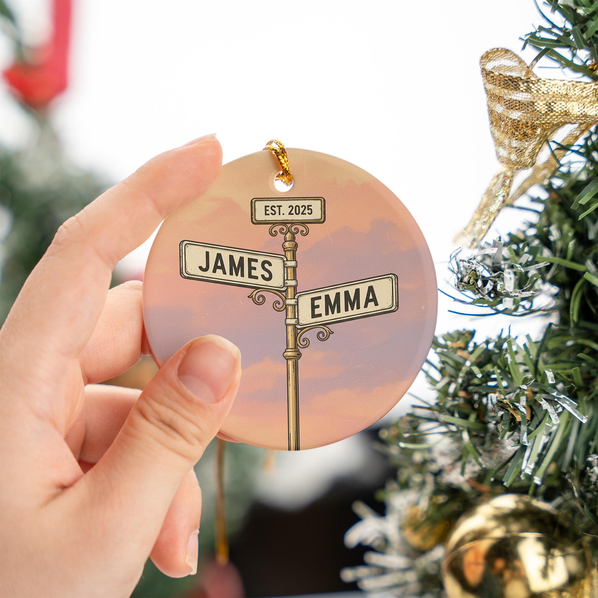 Personalized Street Sign Couple Ornament – Custom Names & Year, Round Keepsake