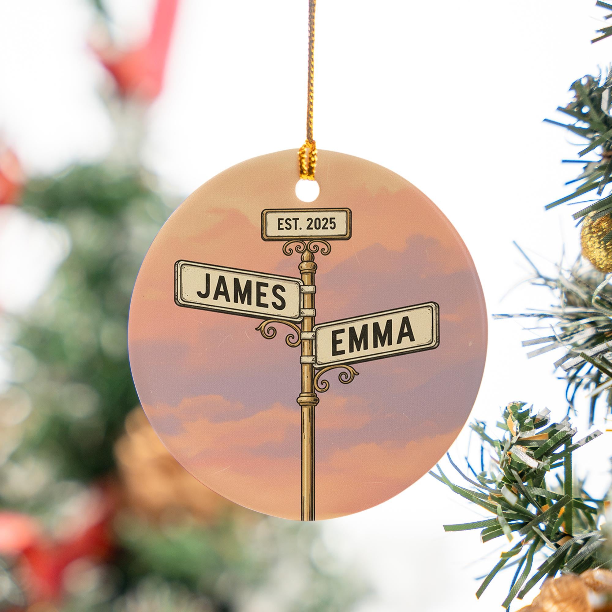Personalized Street Sign Couple Ornament – Custom Names & Year, Round Keepsake