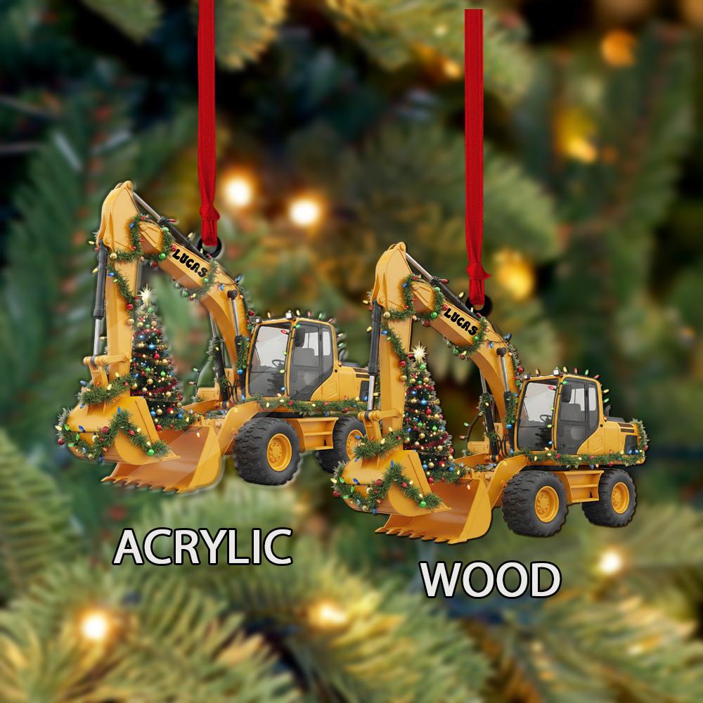 Custom Excavator Christmas Ornament with Tree and Lights, Personalized Construction Vehicle Holiday Decoration