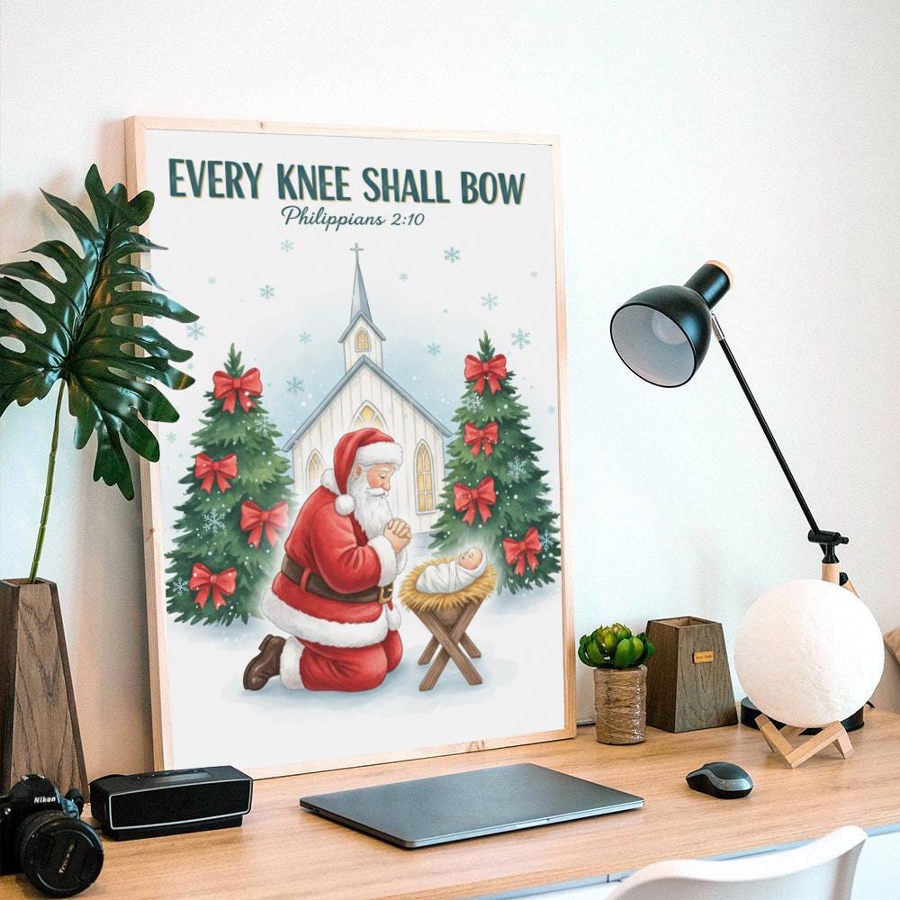 Santa Praying Over Baby Jesus Christmas Poster Print