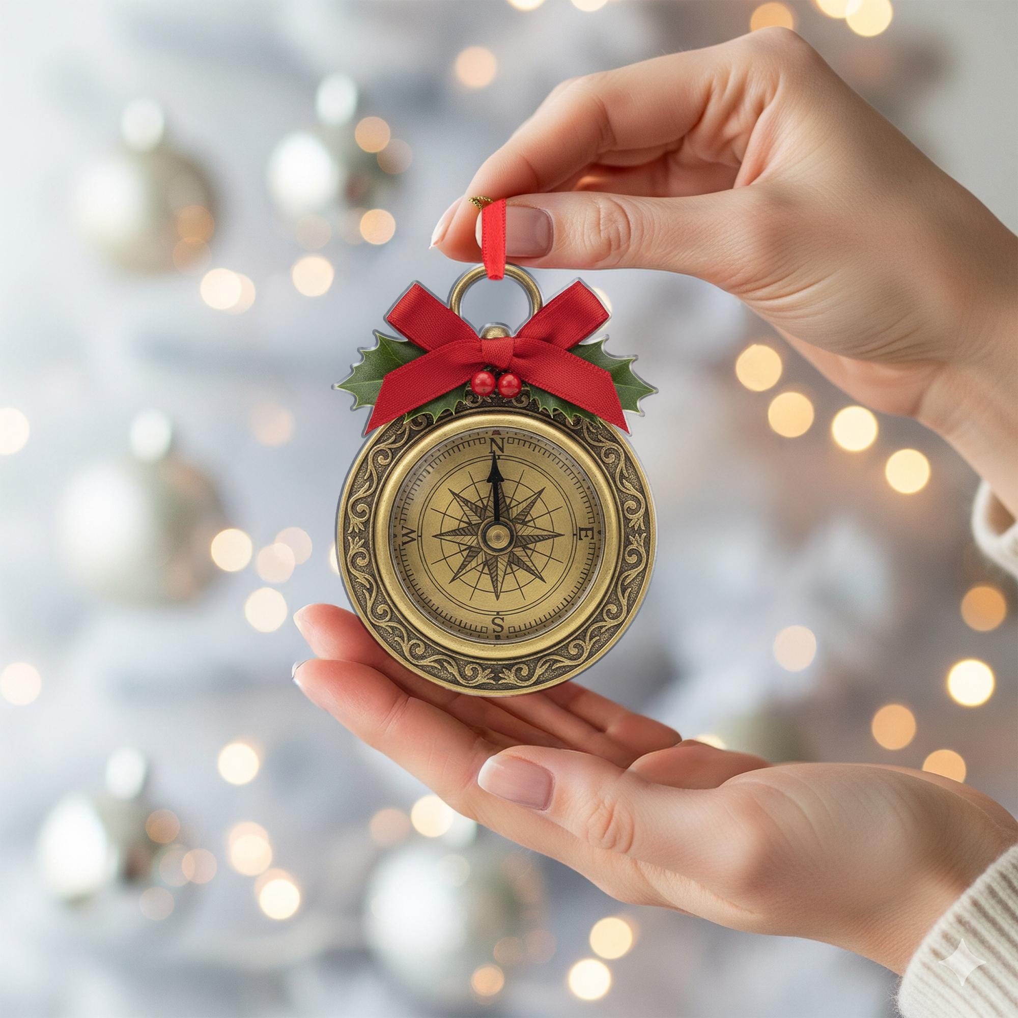 Compass Christmas Ornament – Vintage Style with Holly and Bow Tree Decoration