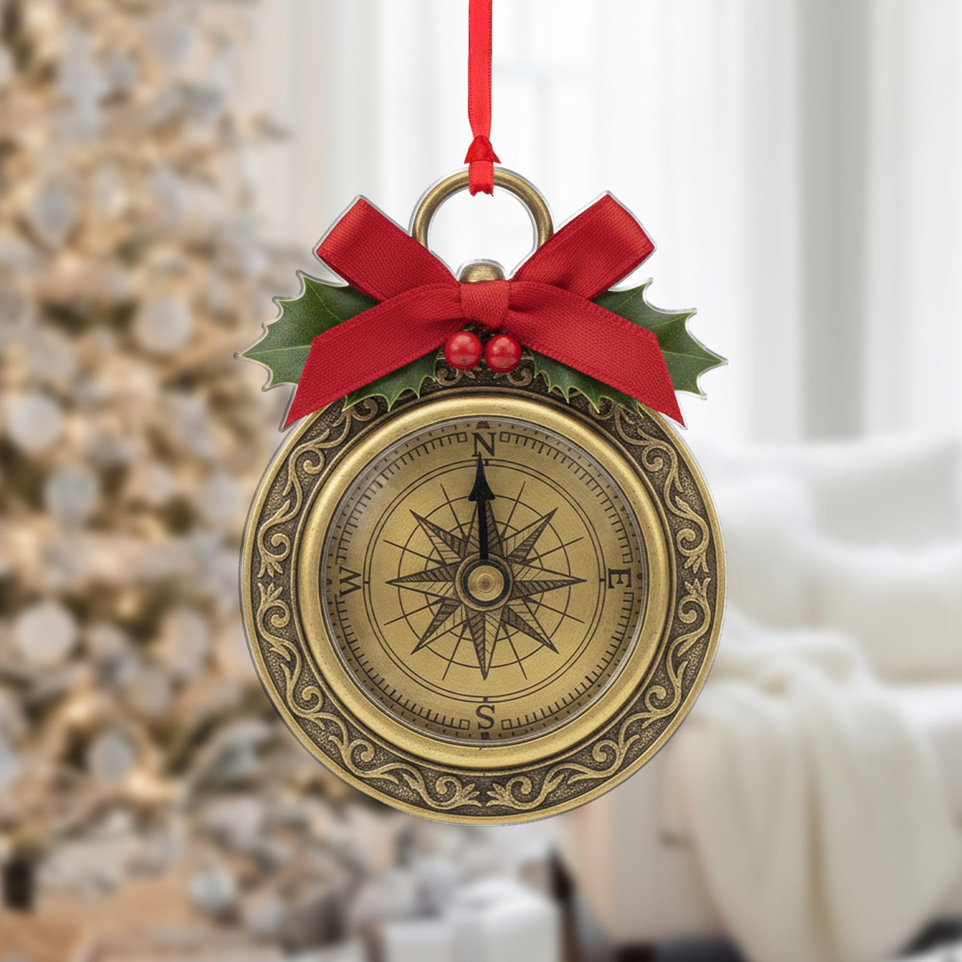 Compass Christmas Ornament – Vintage Style with Holly and Bow Tree Decoration