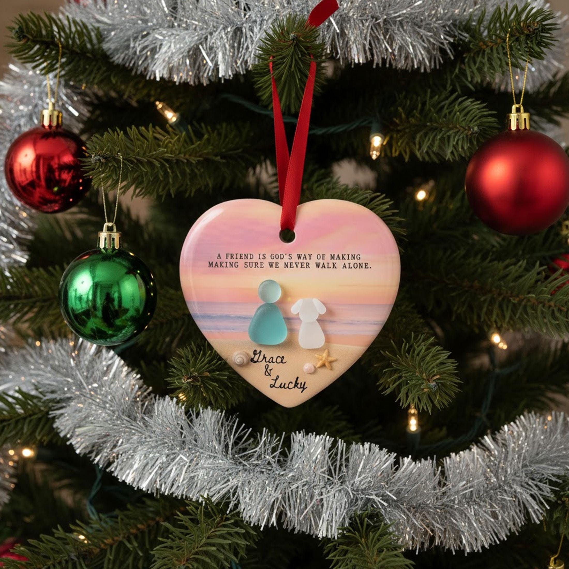 Custom Dog Mom Beach Sea Glass Ornament: Heart-Shaped Ceramic Keepsake, Personalized Pet & Owner Gift