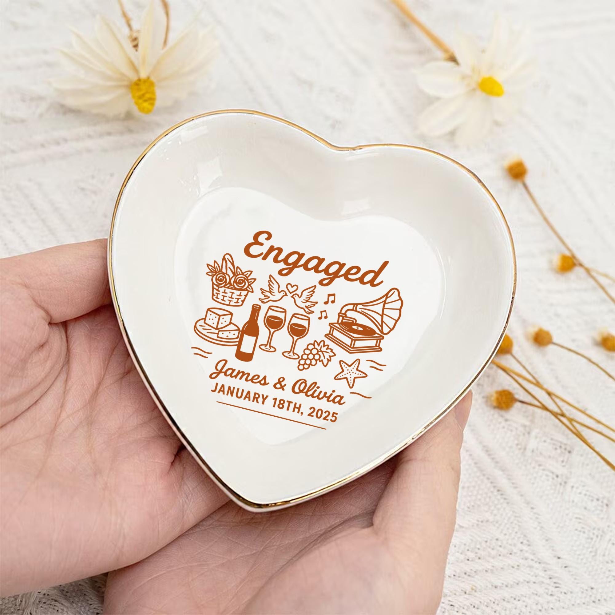 Personalized Engaged Jewelry Dish – Custom Name Ring Tray for Couples, Engagement Gift Keepsake