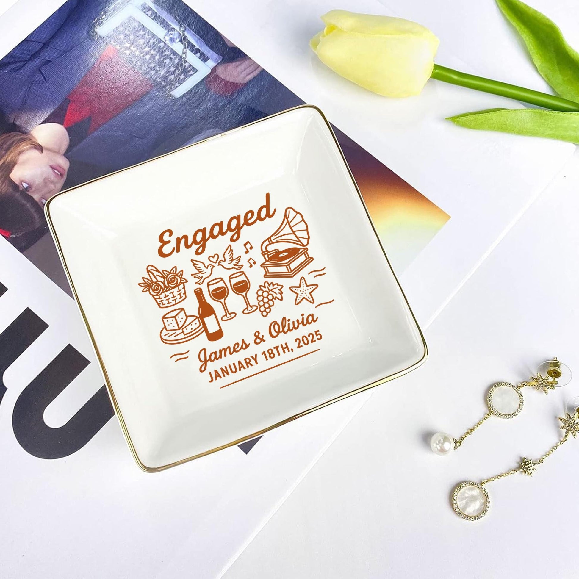 Personalized Engaged Jewelry Dish – Custom Name Ring Tray for Couples, Engagement Gift Keepsake