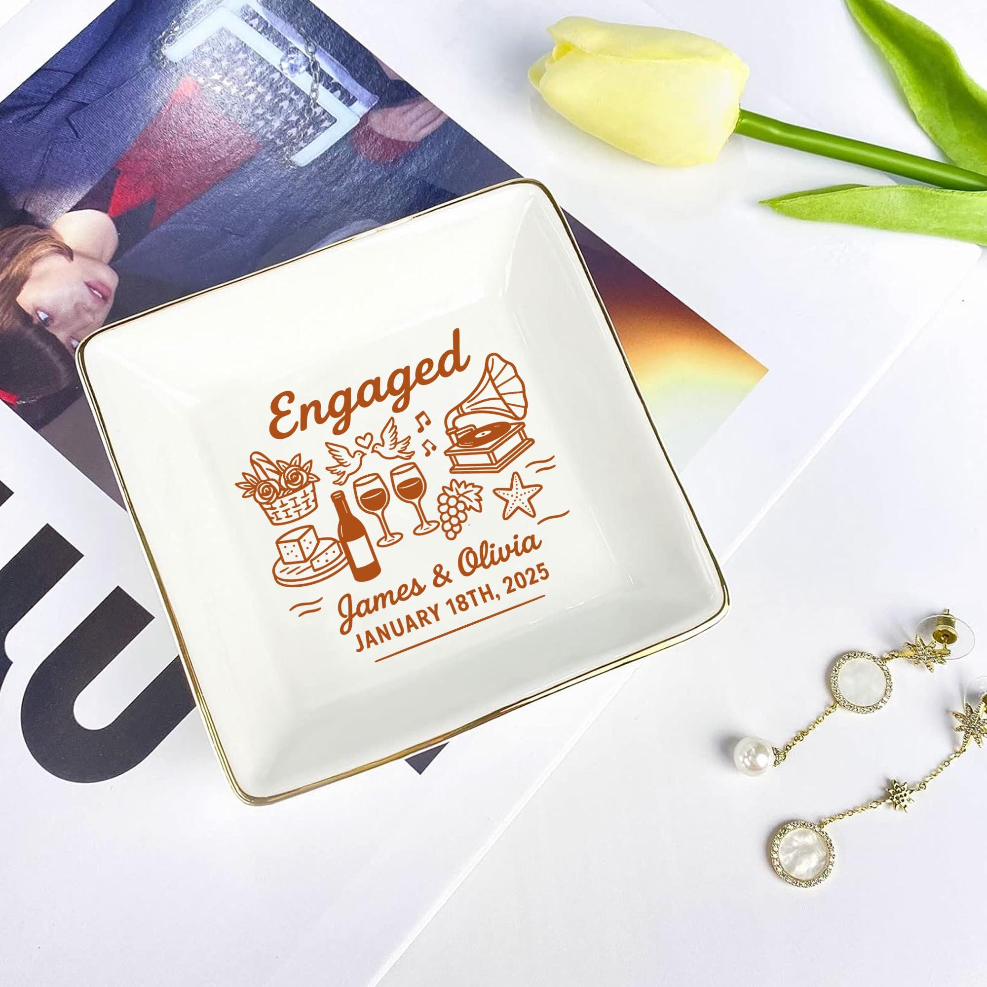 Personalized Engaged Jewelry Dish – Custom Name Ring Tray for Couples, Engagement Gift Keepsake