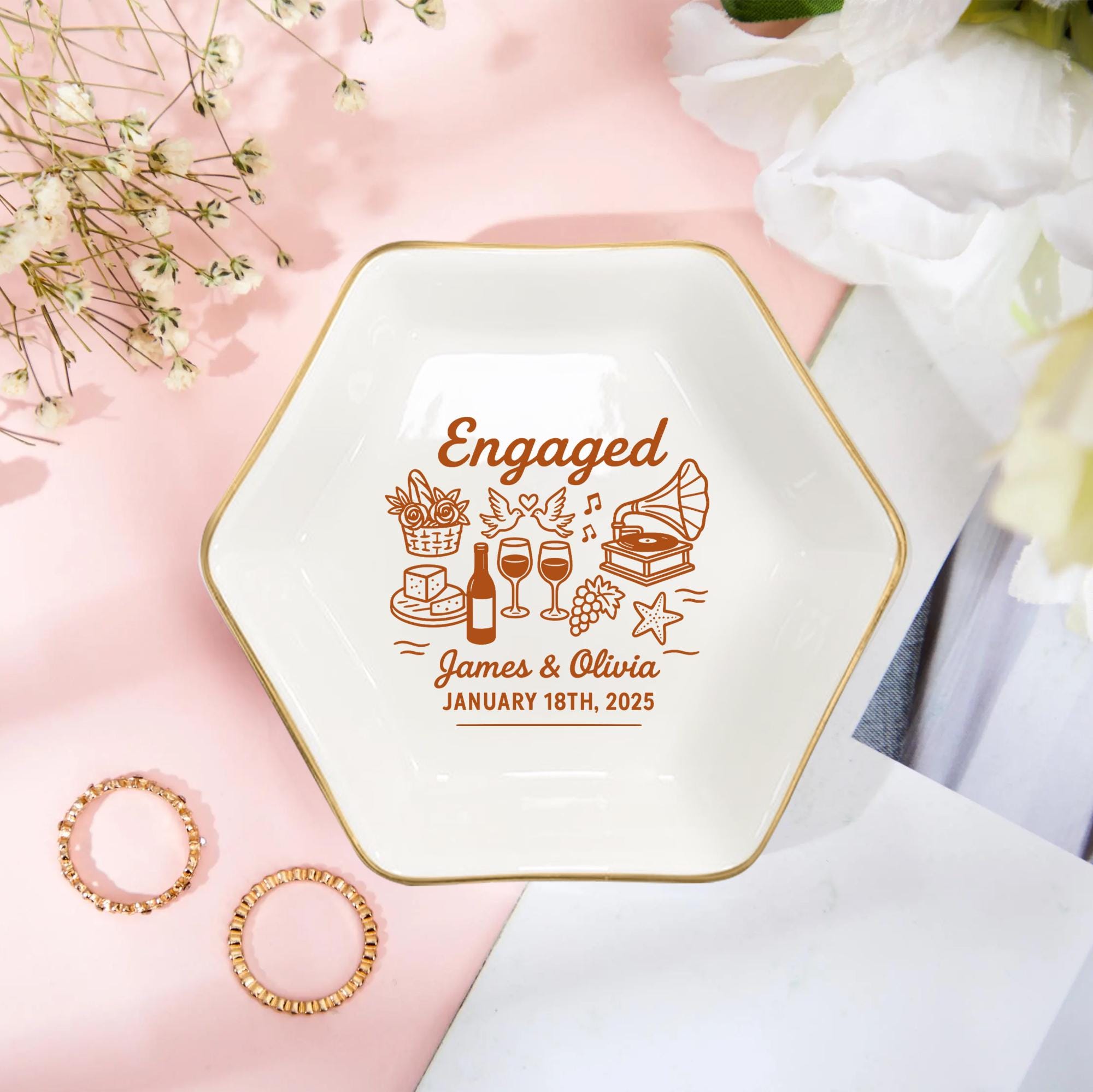 Personalized Engaged Jewelry Dish – Custom Name Ring Tray for Couples, Engagement Gift Keepsake