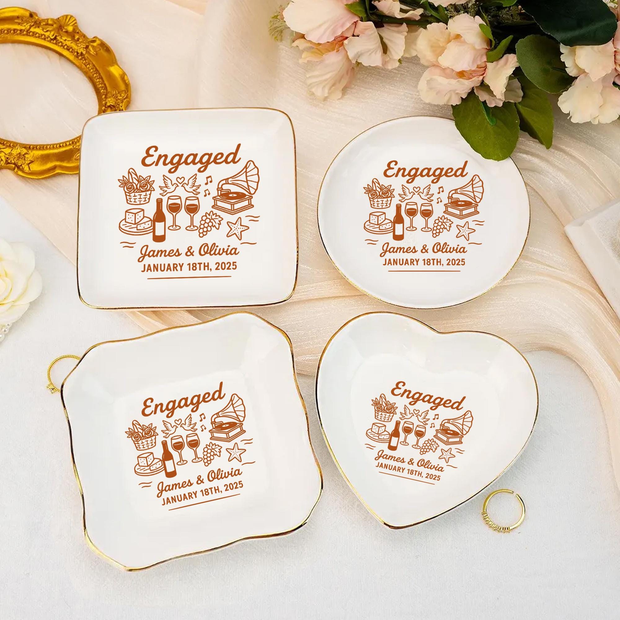 Personalized Engaged Jewelry Dish – Custom Name Ring Tray for Couples, Engagement Gift Keepsake