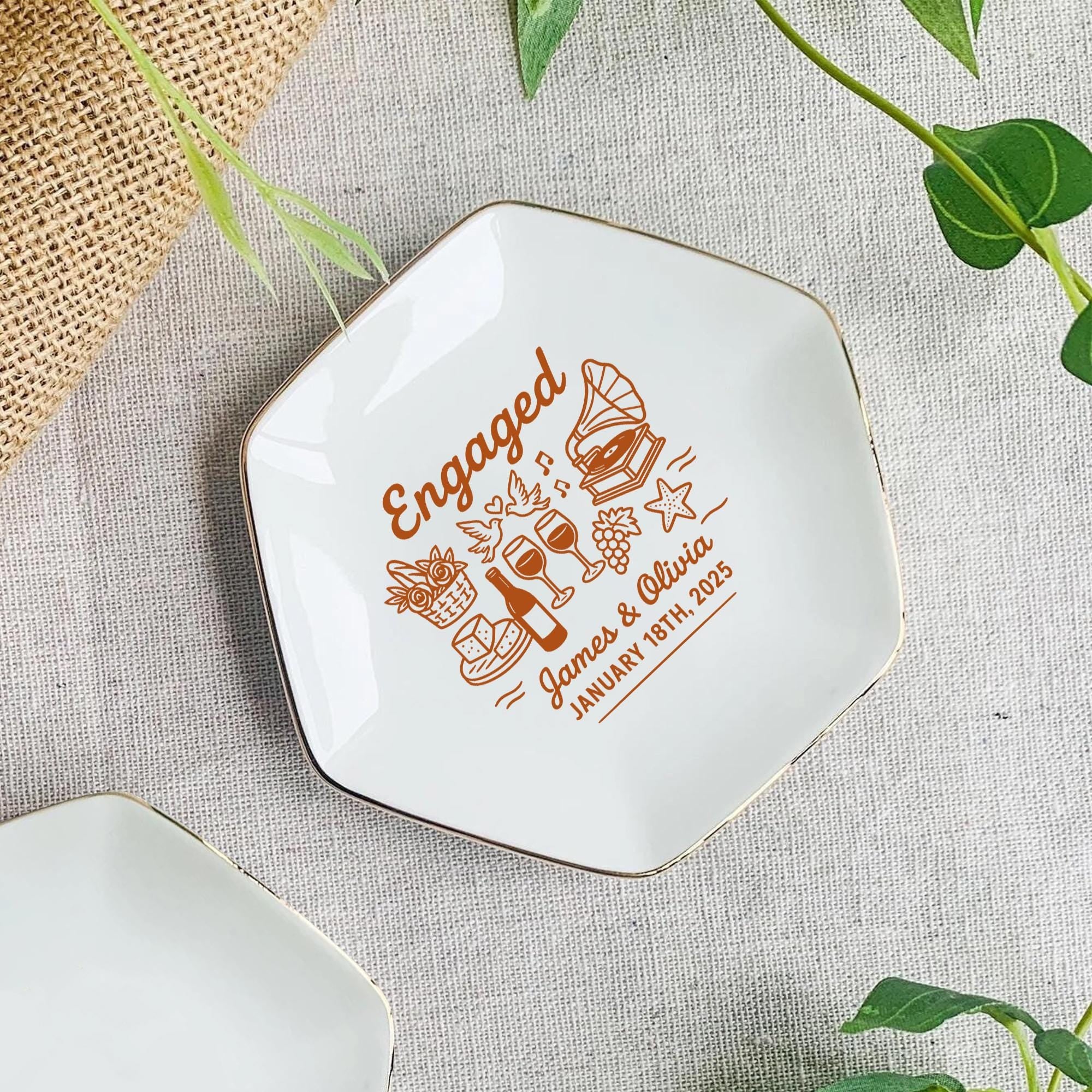 Personalized Engaged Jewelry Dish – Custom Name Ring Tray for Couples, Engagement Gift Keepsake