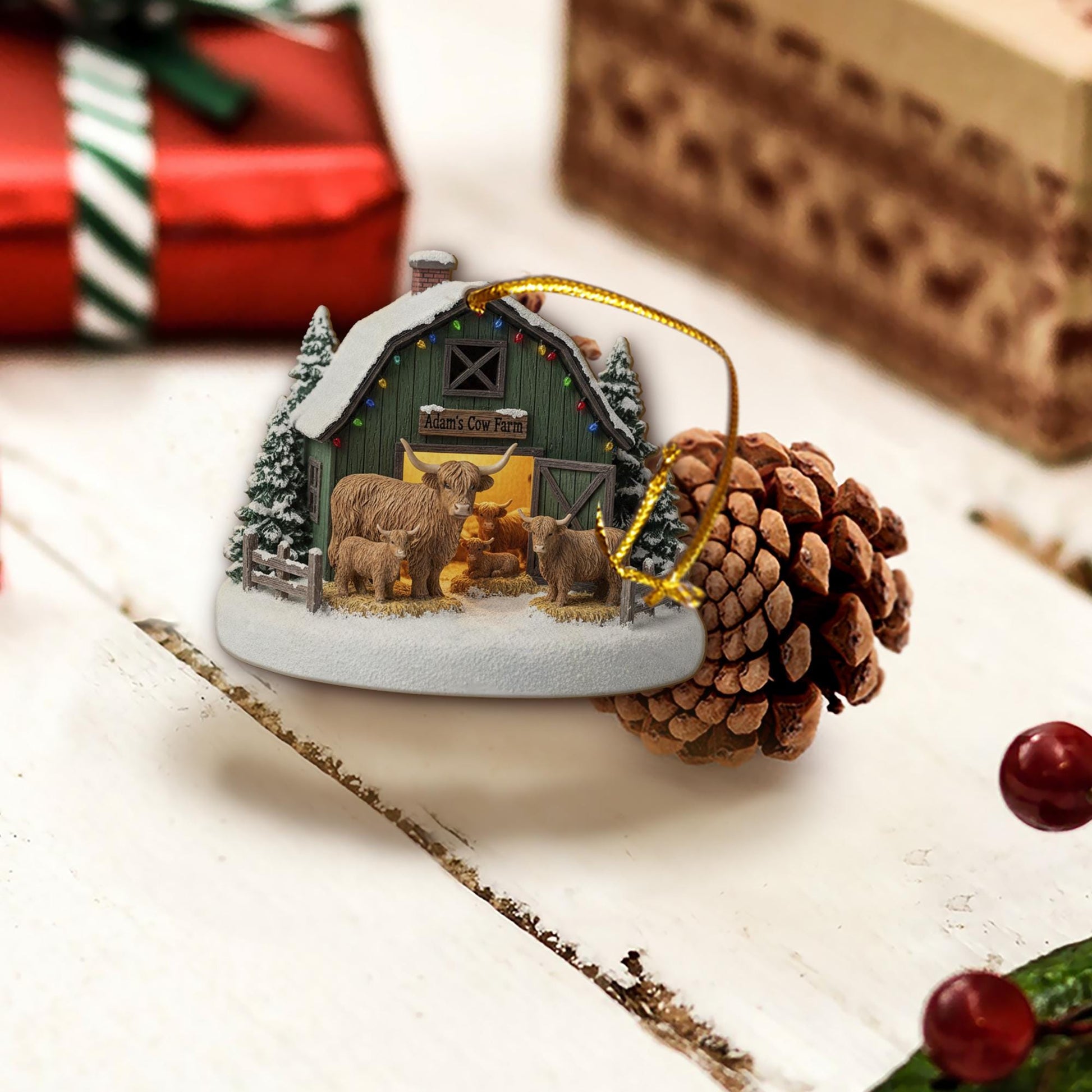 Personalized Cow Farm Christmas Ornament – Rustic Barn Holiday Decor