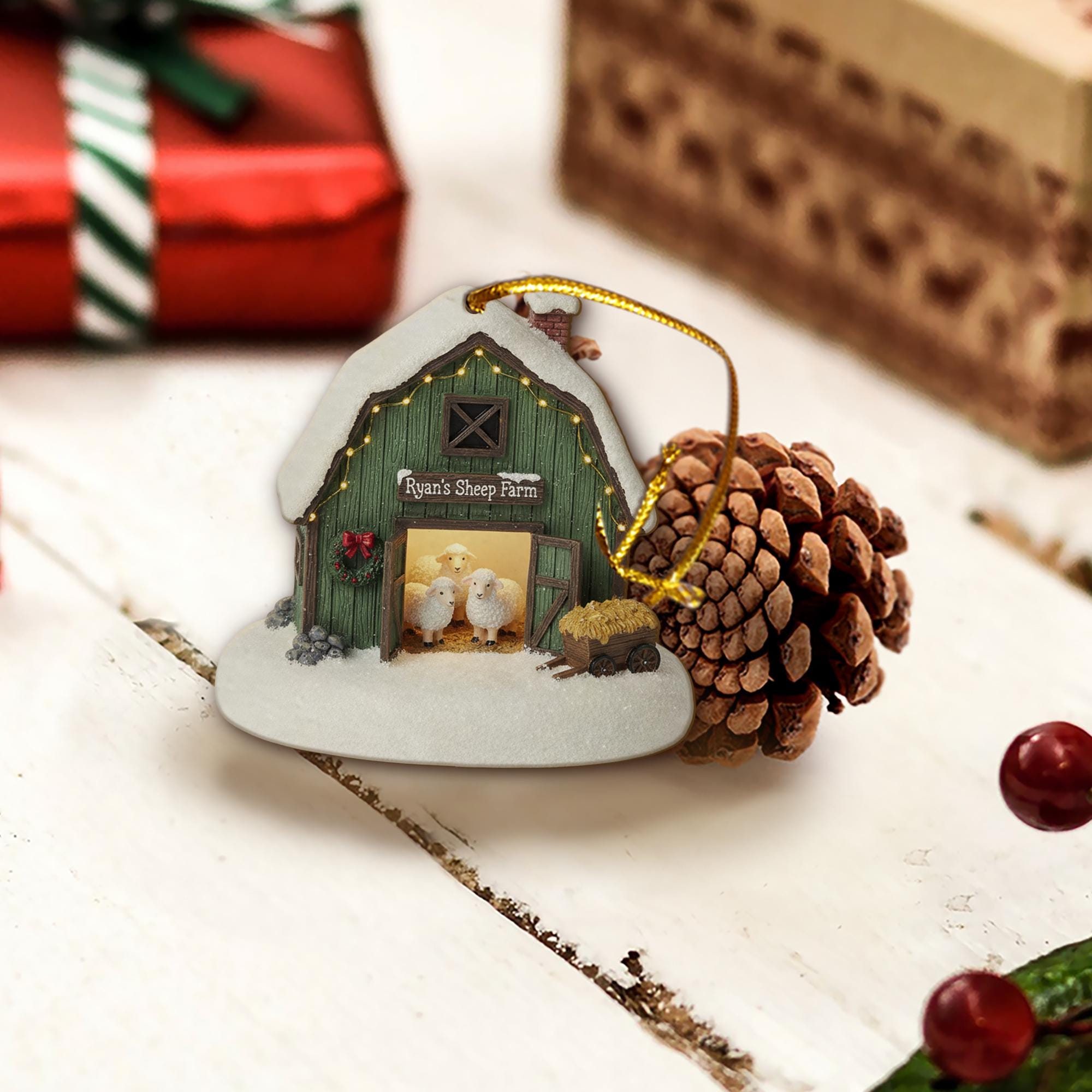 Personalized Sheep Farm Christmas Ornament – Rustic Barn Holiday Decor