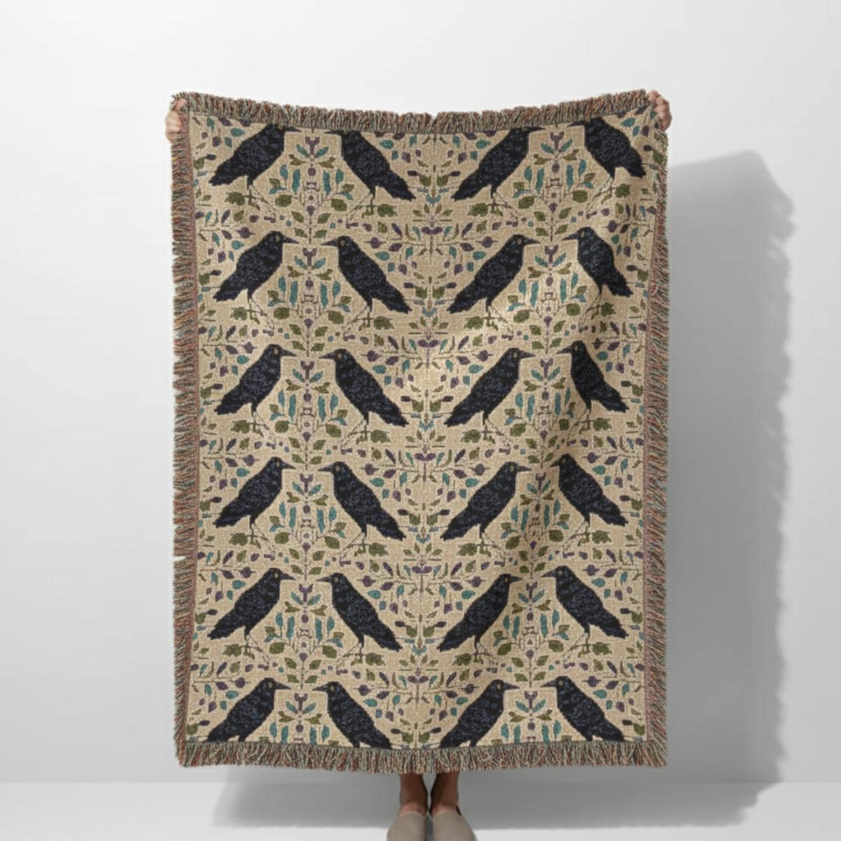 Crow Pattern Woven Blanket – Gothic Botanical Throw