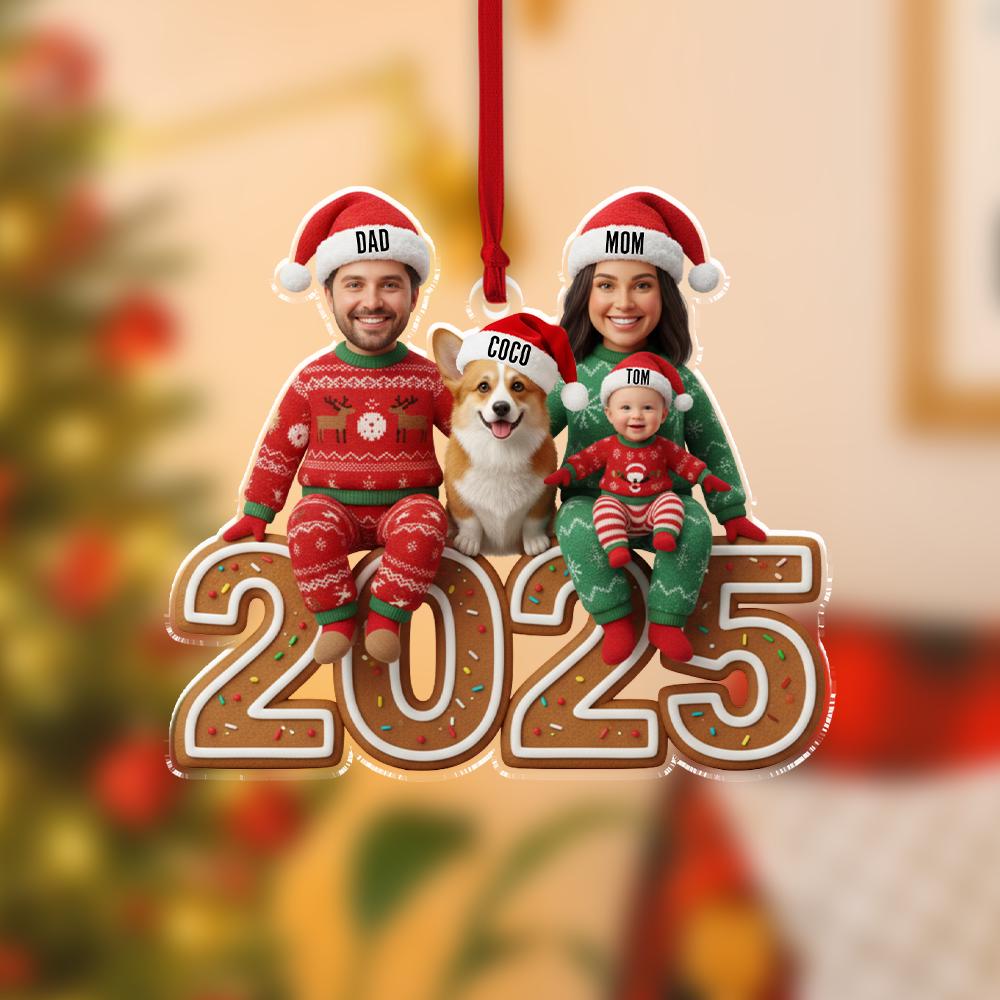 Custom Face Family Ornament 2025 – Personalized Photo Christmas Ornament with Pet