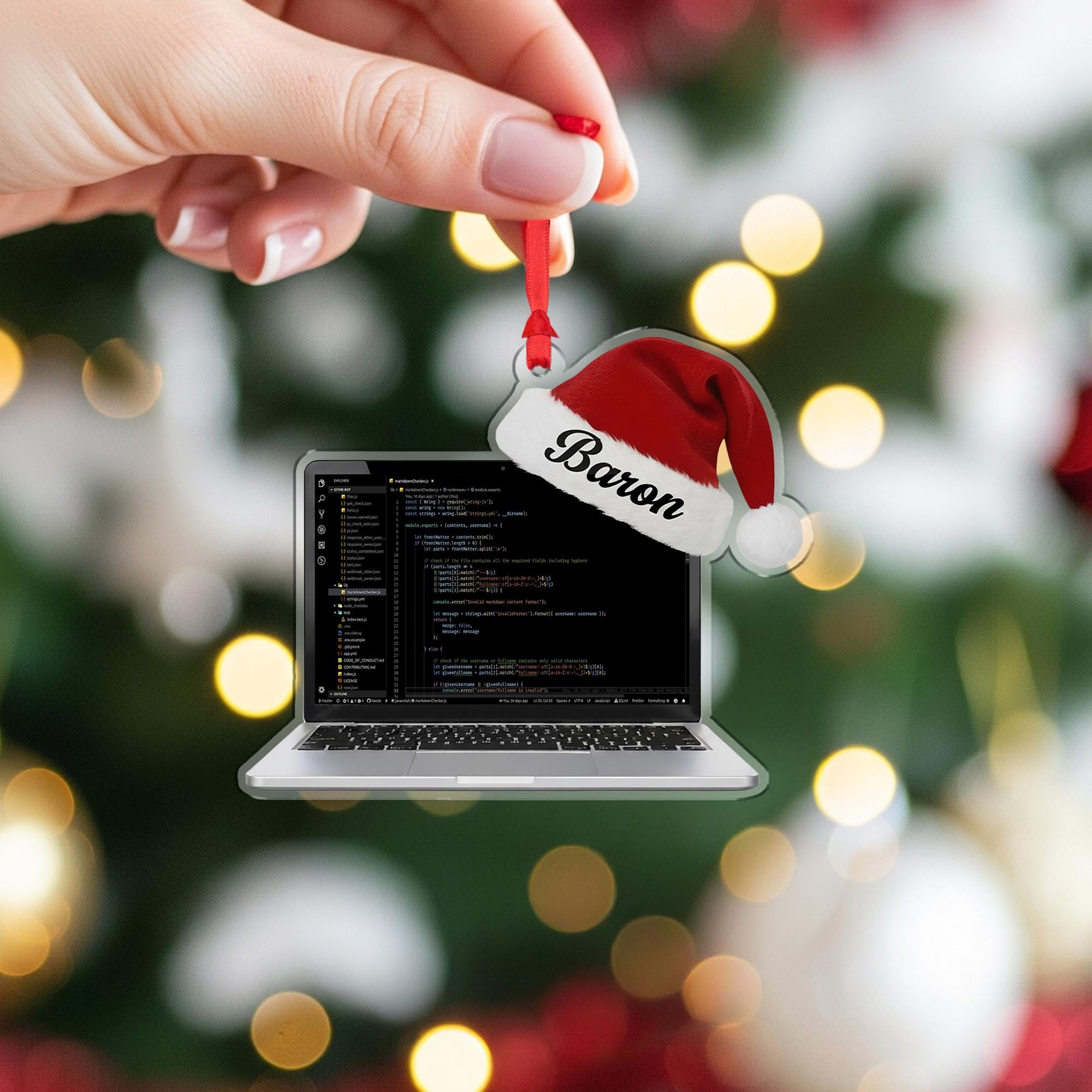 Custom Coder Ornament – Personalized Laptop & Santa Hat Holiday Gift for Programmers