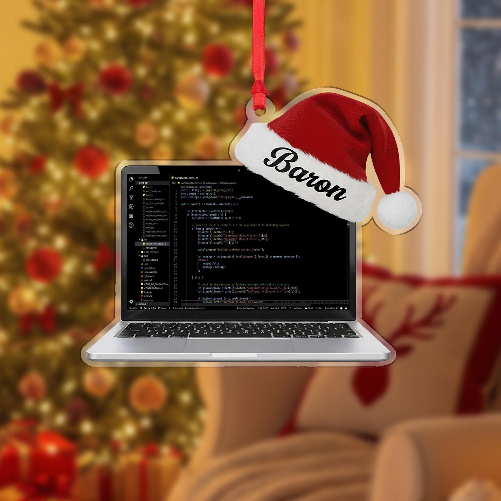 Custom Coder Ornament – Personalized Laptop & Santa Hat Holiday Gift for Programmers