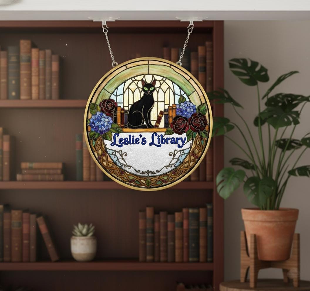 Custom Acrylic Wood Library Sign Personalized Suncatcher Bookshelf Hanging with Cat Design