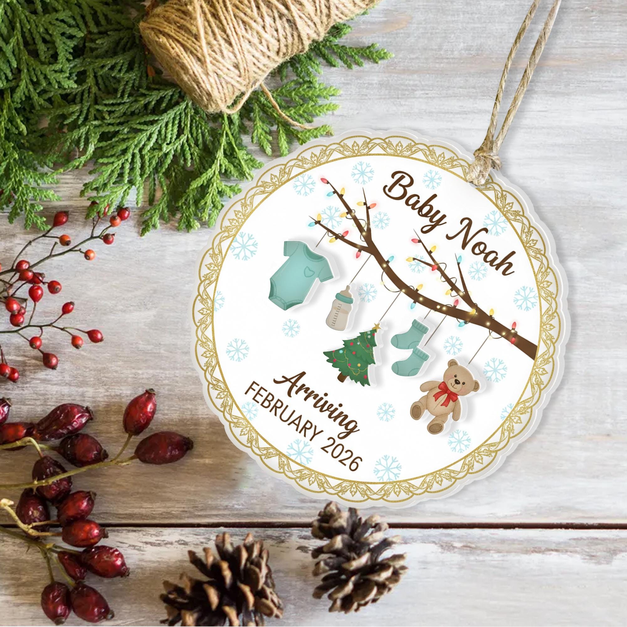 Personalized Baby Announcement Ornament: 2-Layer Acrylic, Custom Name & Due Date