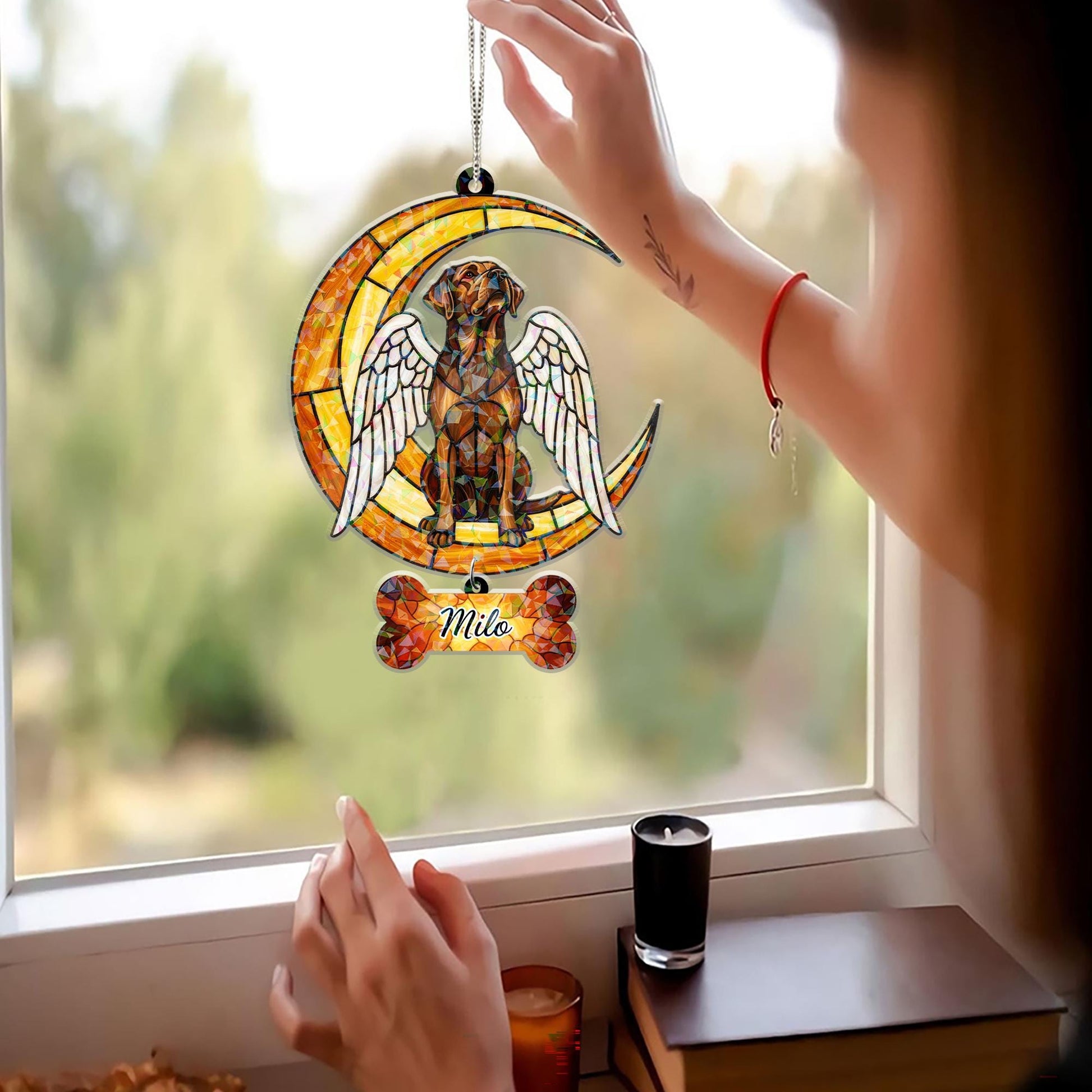 Custom Dog Memorial Hologram Decor | Angel Pet Suncatcher with Name Tag Hanging Piece