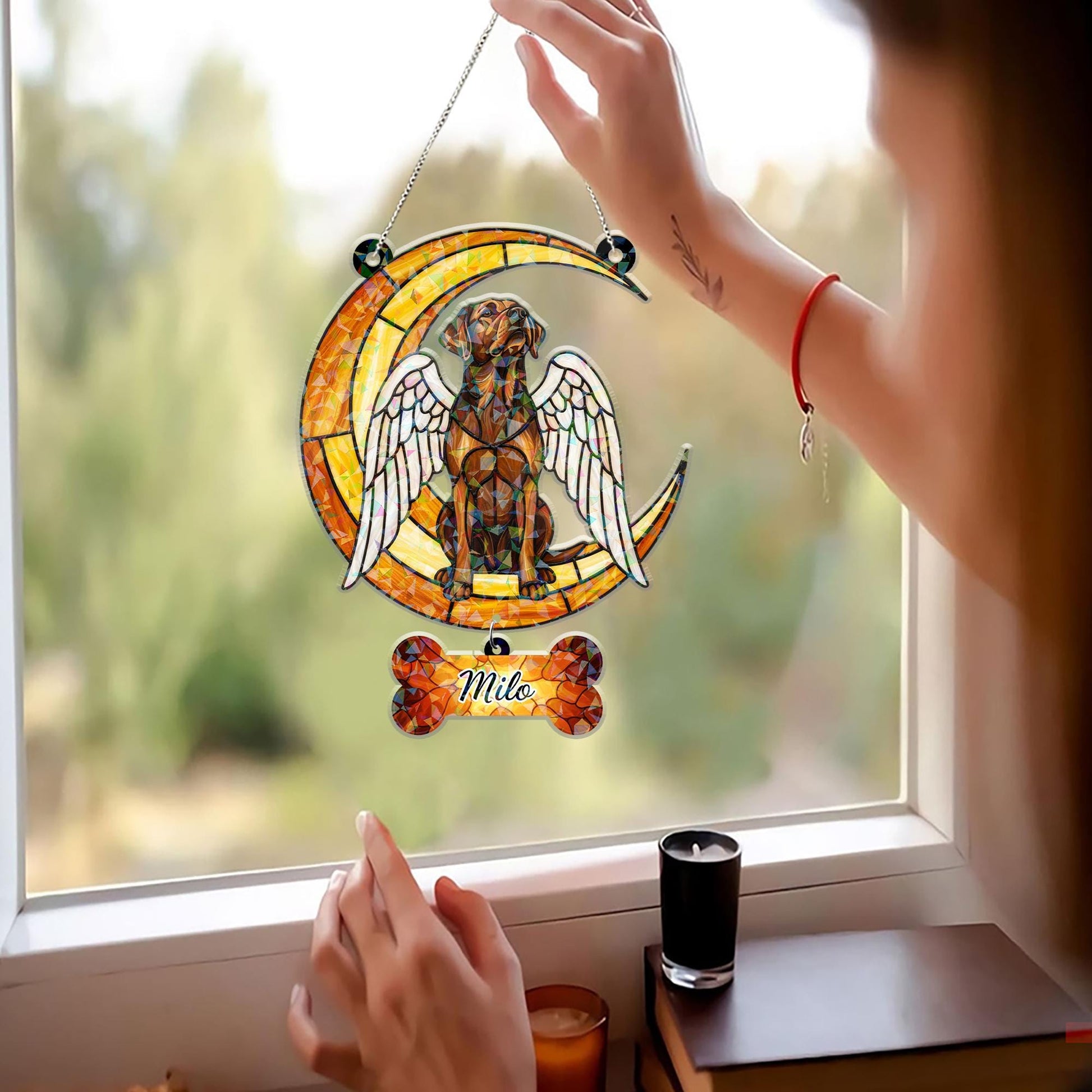 Custom Dog Memorial Hologram Decor | Angel Pet Suncatcher with Name Tag Hanging Piece