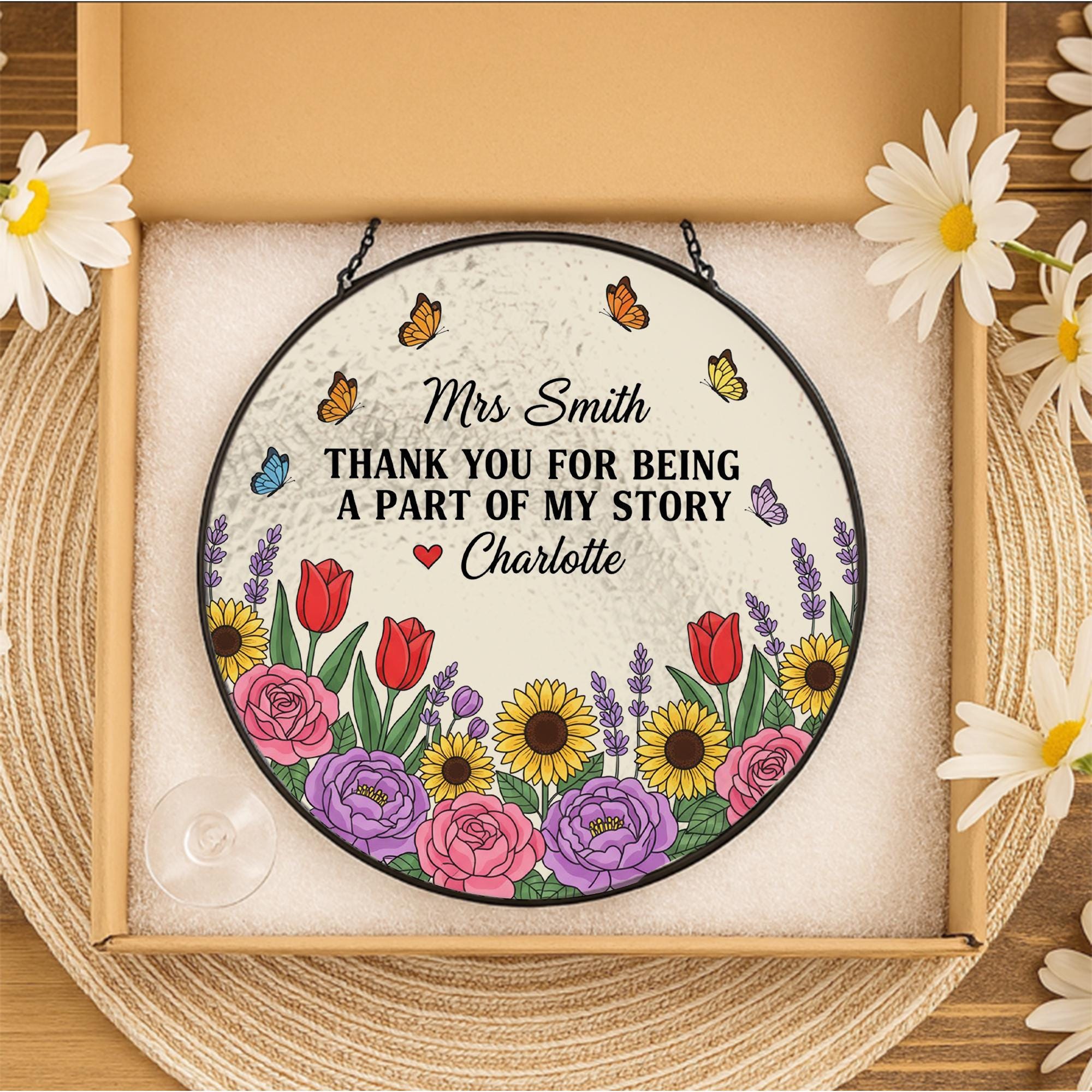 Personalized Glass Suncatcher – Round Floral Window Hanging with Teacher Name