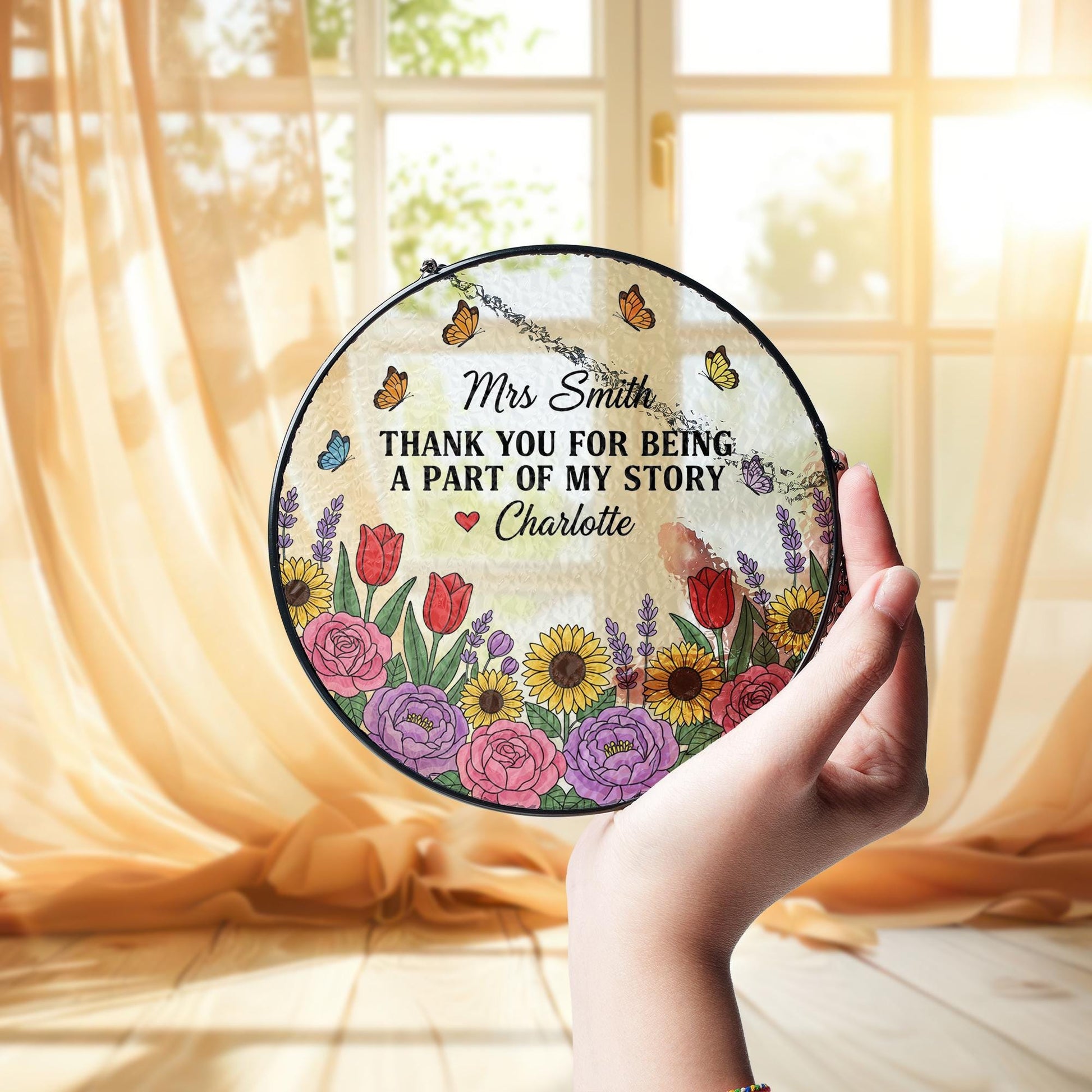 Personalized Glass Suncatcher – Round Floral Window Hanging with Teacher Name