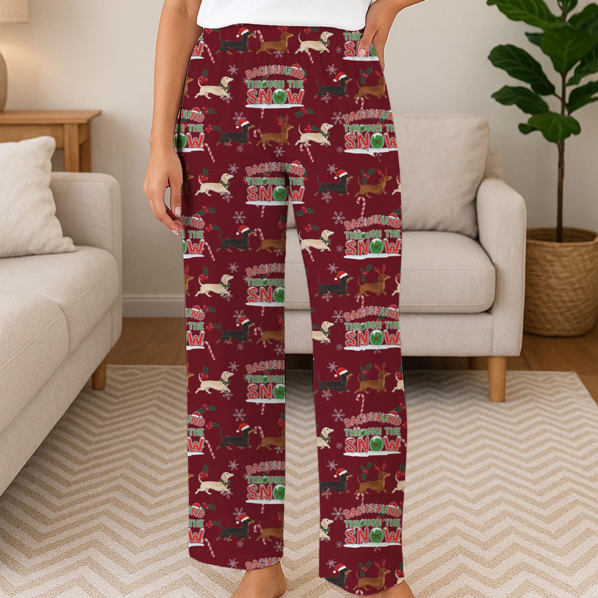 Christmas Pajama Pants: Dachshund Through the Snow Dog Pattern, Holiday Lounge Wear