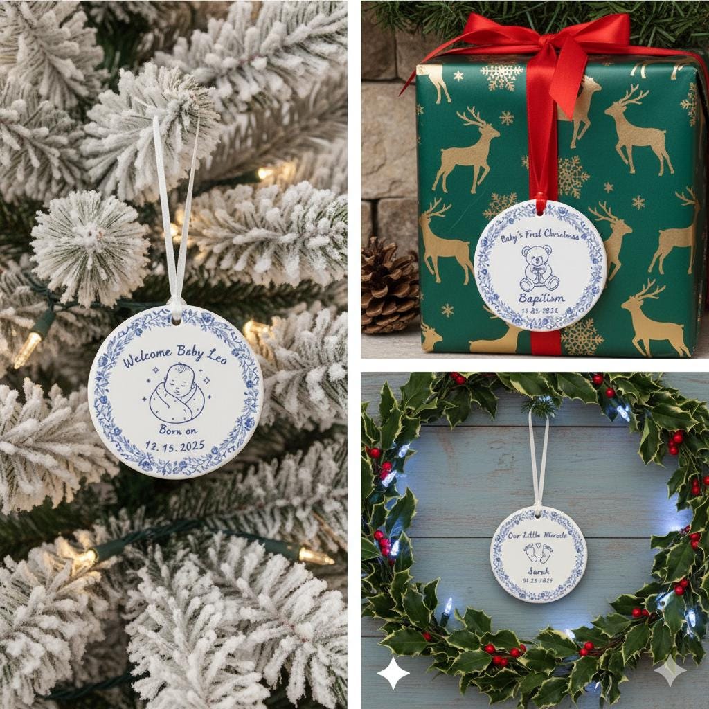 Personalized Baby Ornament – Custom Ceramic Keepsake for Baptism, First Christmas, or Birth Gift