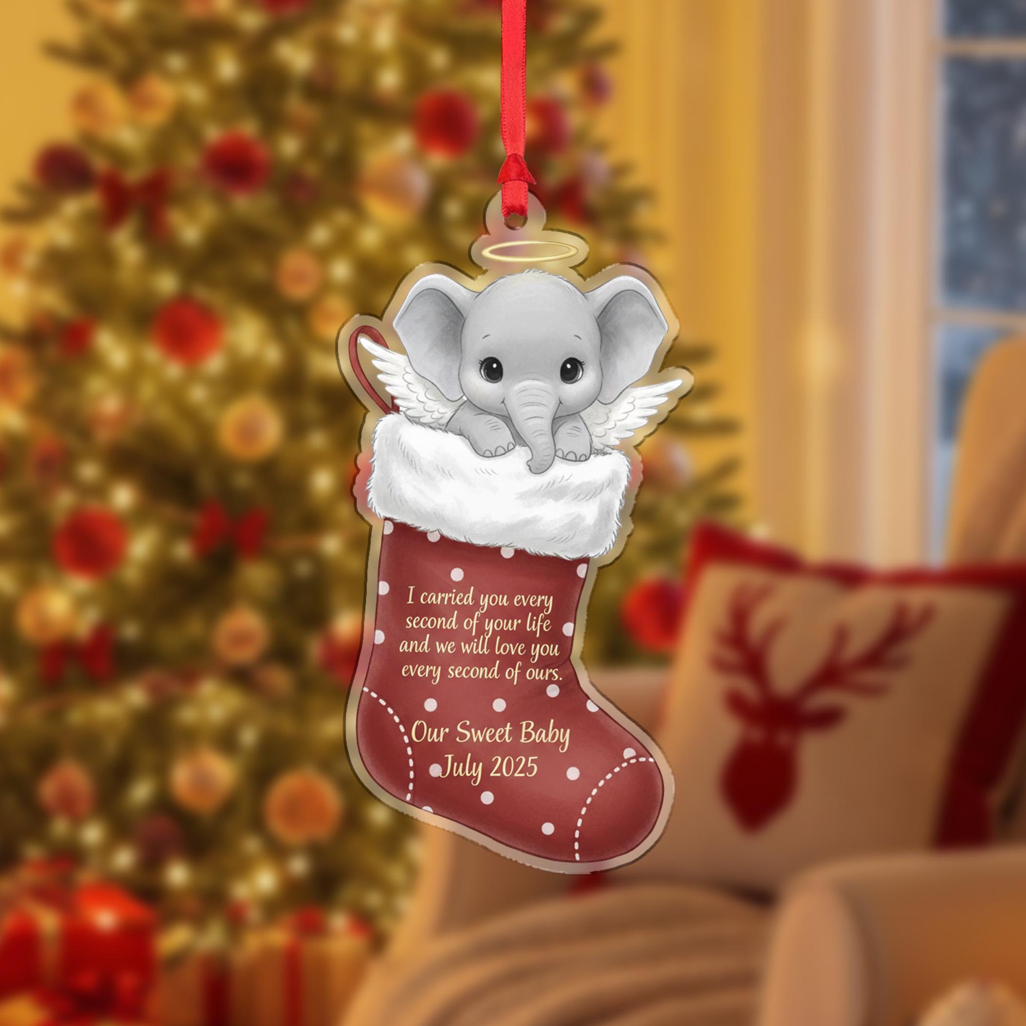 Personalized Baby Memorial Ornament Elephant Angel in Christmas Stocking, Infant Loss Keepsake