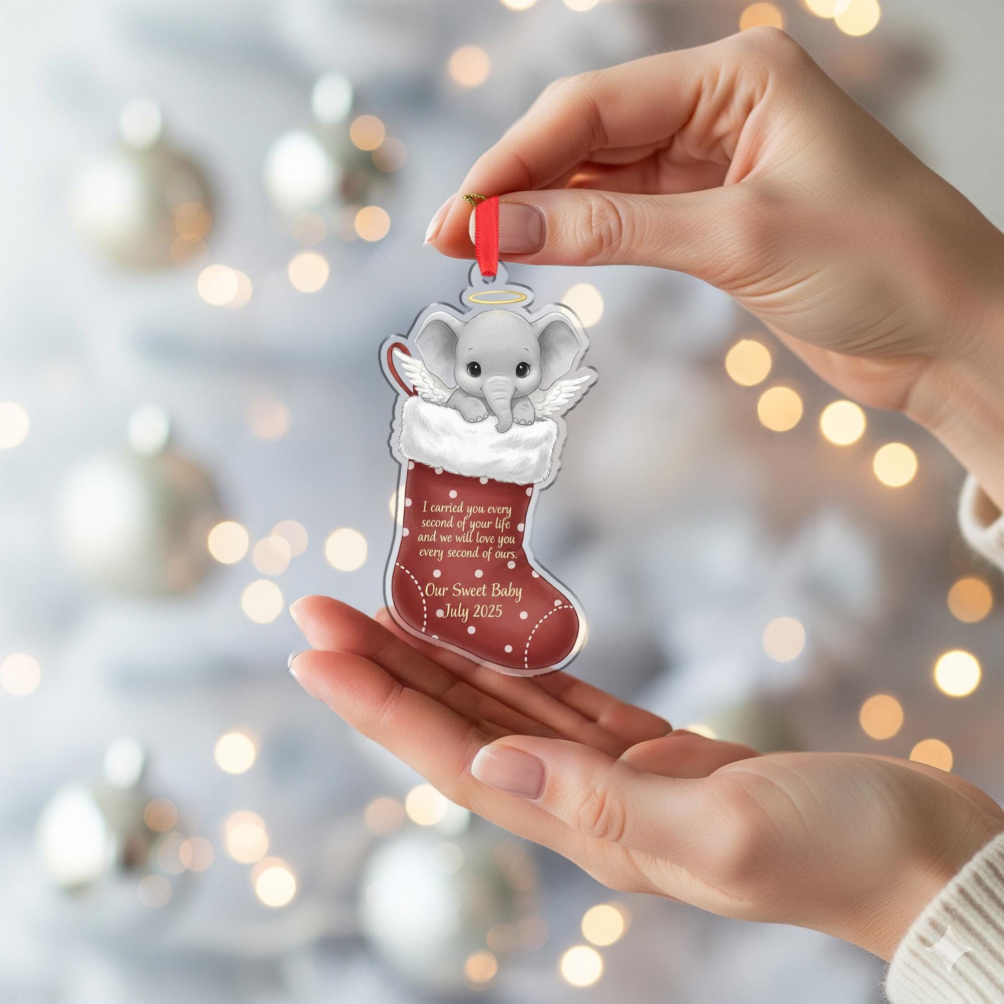 Personalized Baby Memorial Ornament Elephant Angel in Christmas Stocking, Infant Loss Keepsake