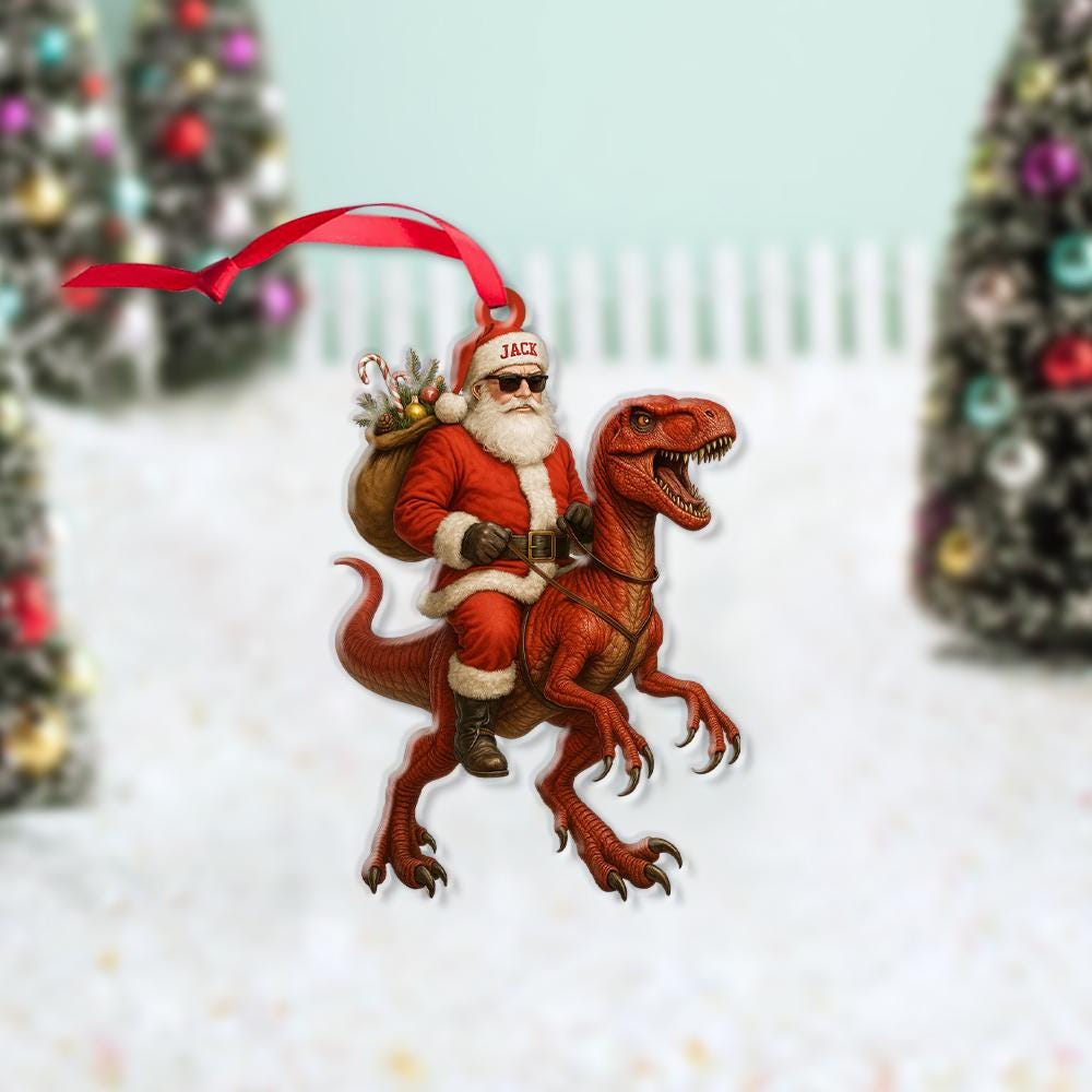 Personalized Santa Riding Dinosaur Ornament – Custom Name Christmas Tree Decoration