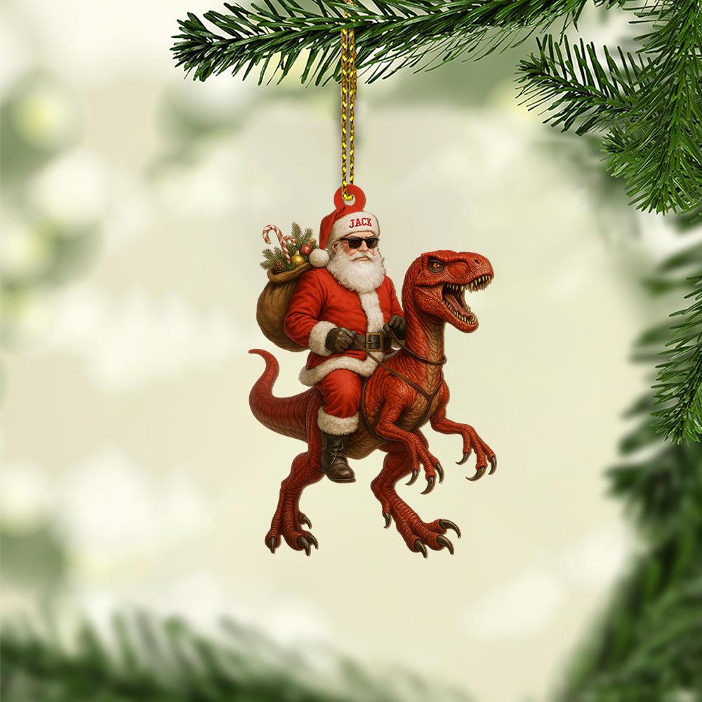 Personalized Santa Riding Dinosaur Ornament – Custom Name Christmas Tree Decoration