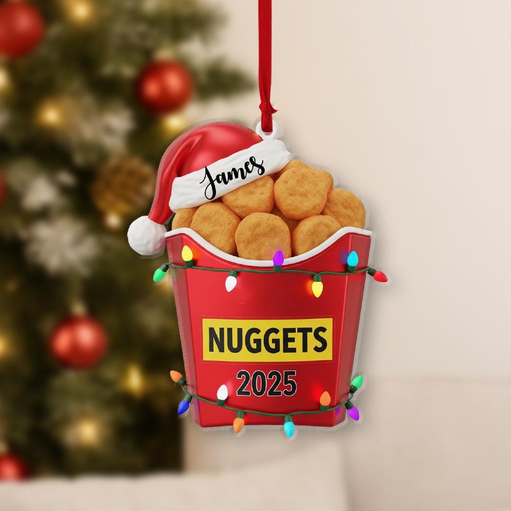 Custom Chicken Nugget Ornament 2025 – Personalized Name Christmas Tree Decoration with Santa Hat