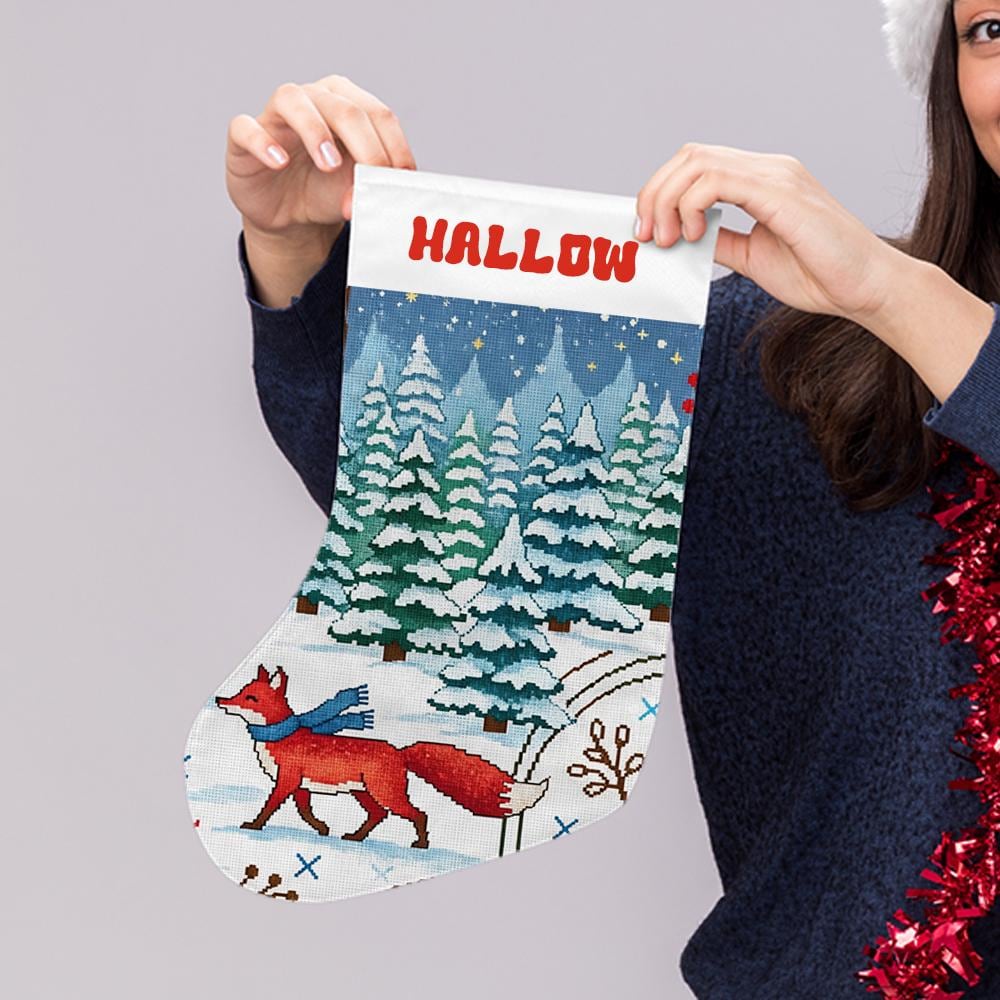 Custom Christmas Stocking with Fox and Winter Forest Scene – Personalized Holiday Fireplace Decoration