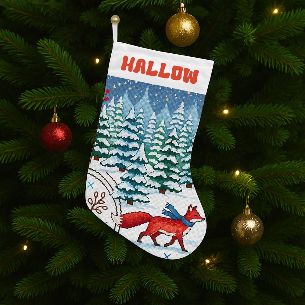 Custom Christmas Stocking with Fox and Winter Forest Scene – Personalized Holiday Fireplace Decoration