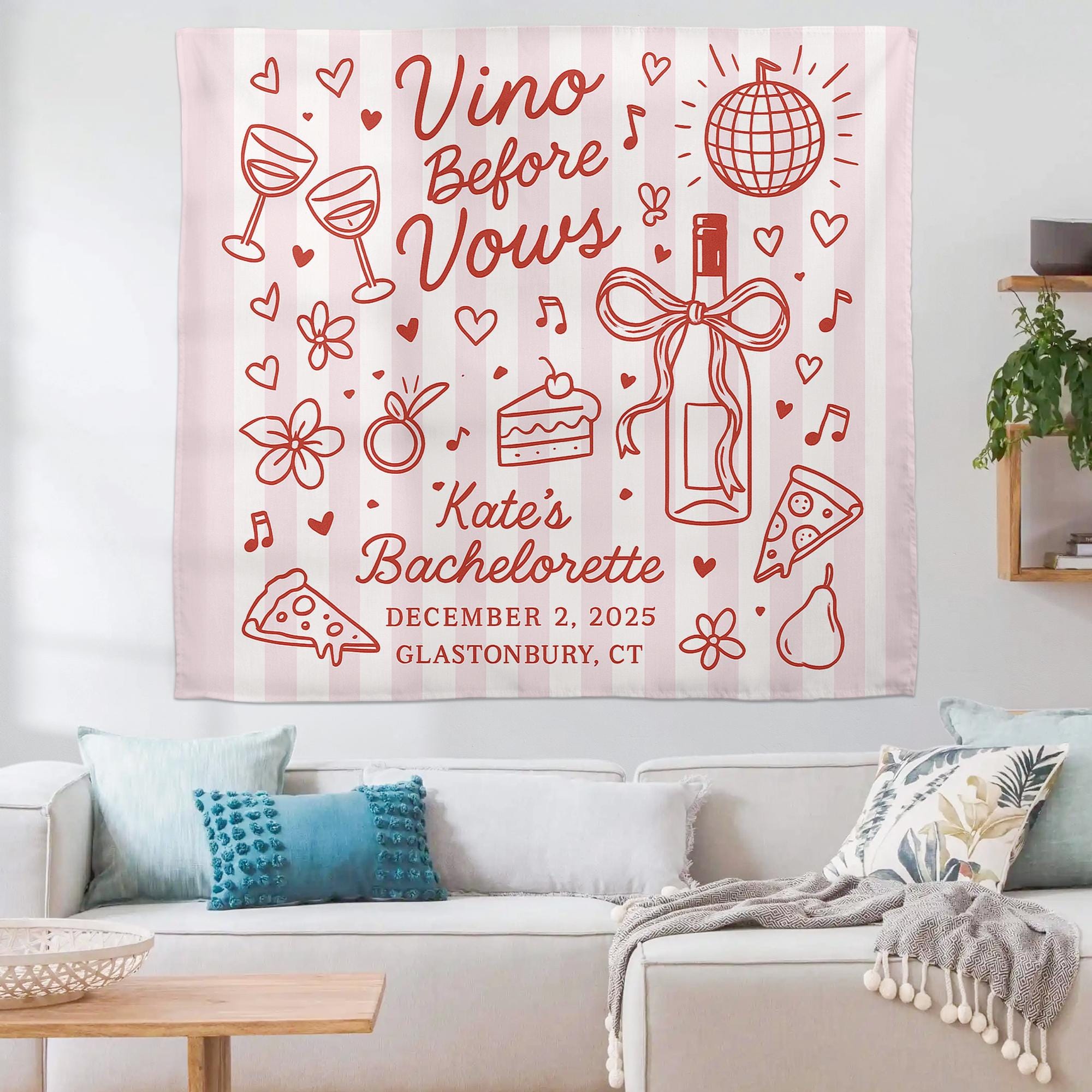 Custom Bachelorette Tapestry | Vino Before Vows Party Banner | Bridal Shower Backdrop