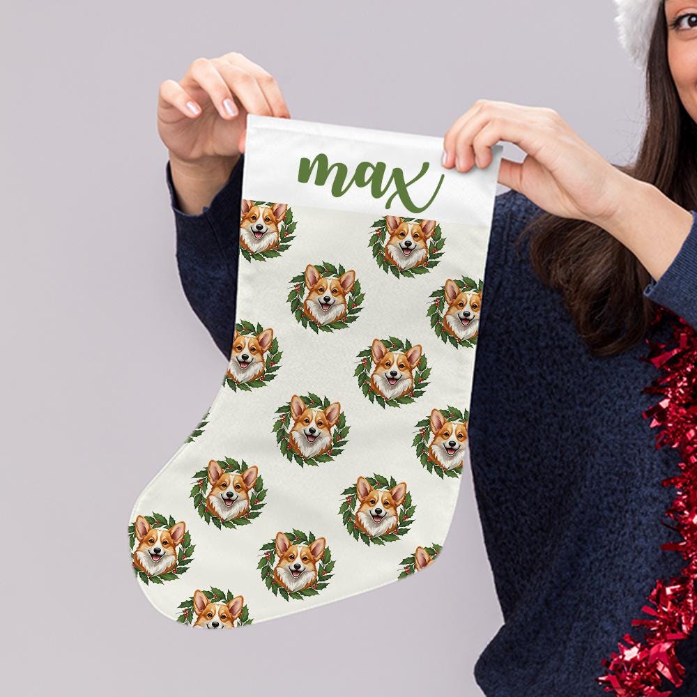 Custom Dog Christmas Stocking with Name – Corgi Holiday Stocking Personalized Pet Design