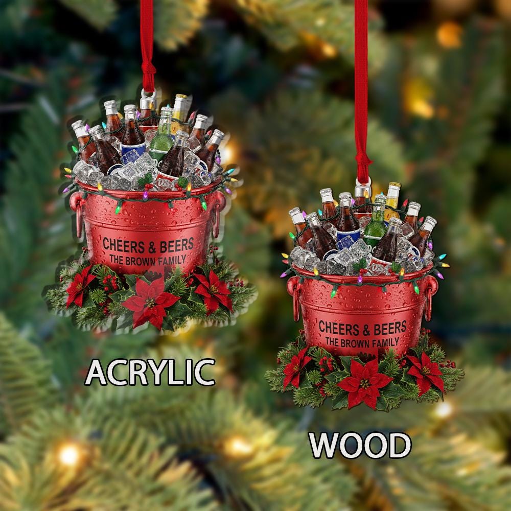 Custom Beer Bucket Ornament with Bottles and Ice – Personalized Family Name Christmas Decoration