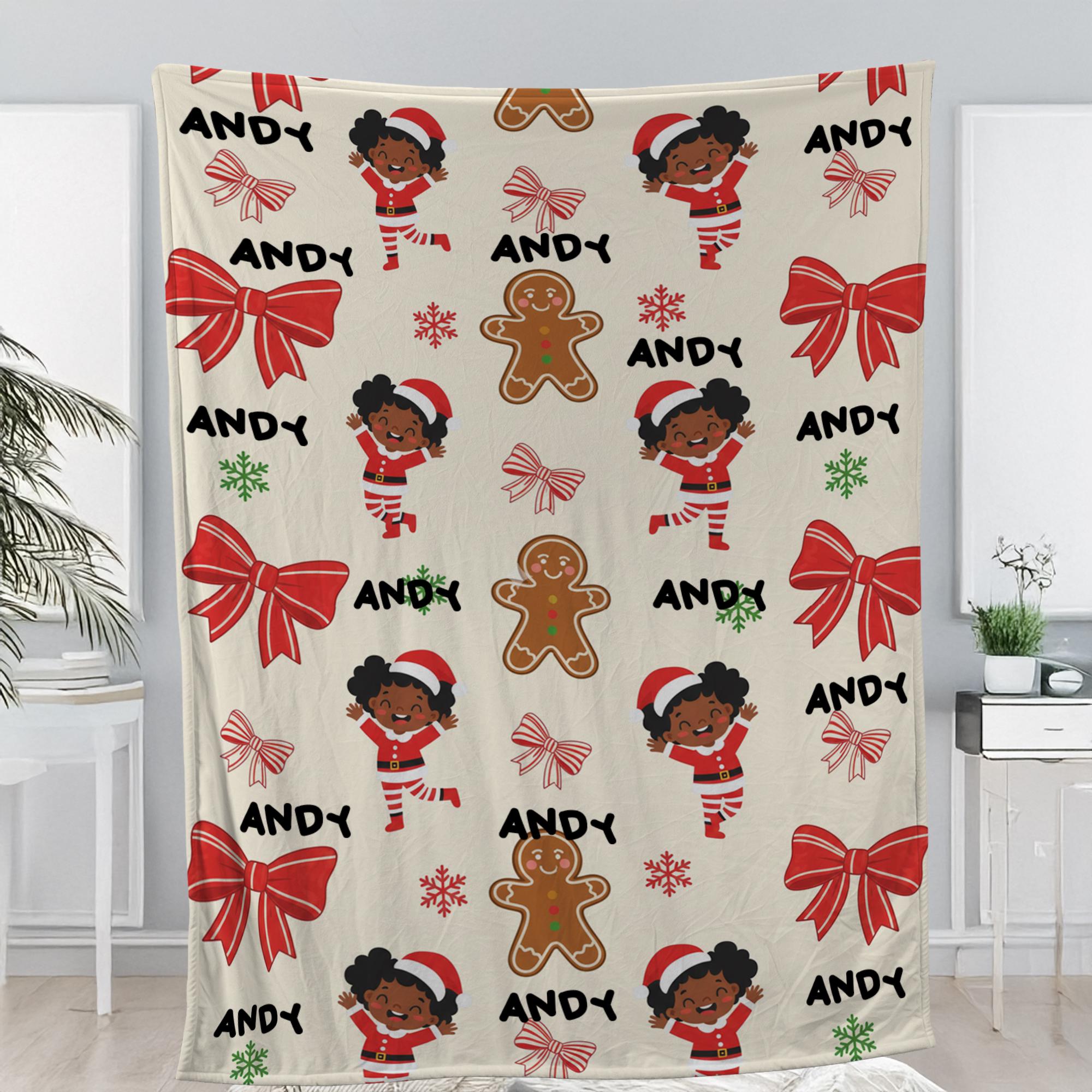 Personalized Christmas Fleece Blanket: Black Santa Kid, Gingerbread & Bow Design
