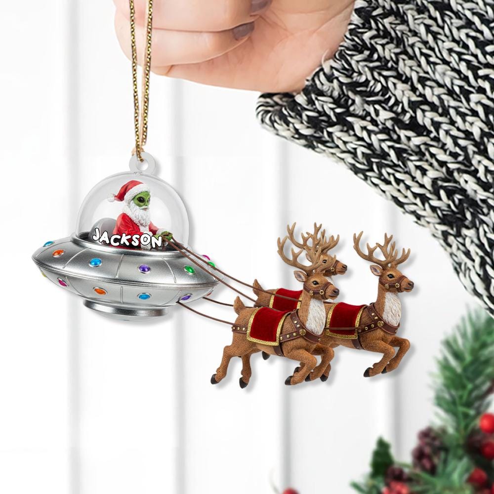 Custom Alien Santa UFO Christmas Ornament with Reindeer Sleigh – Personalized Holiday Tree Decoration