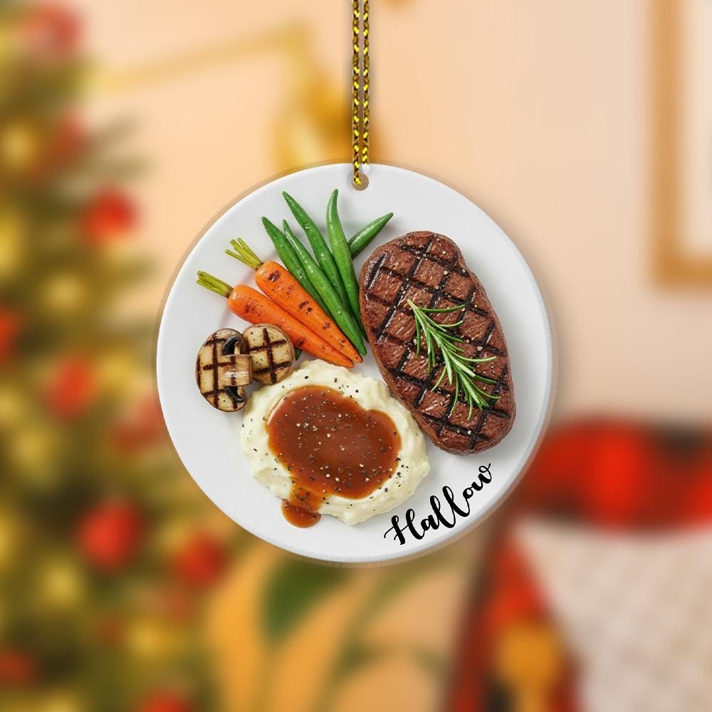 Personalized Steak Ornament – Custom Name Food Dinner Plate Christmas Tree Decoration