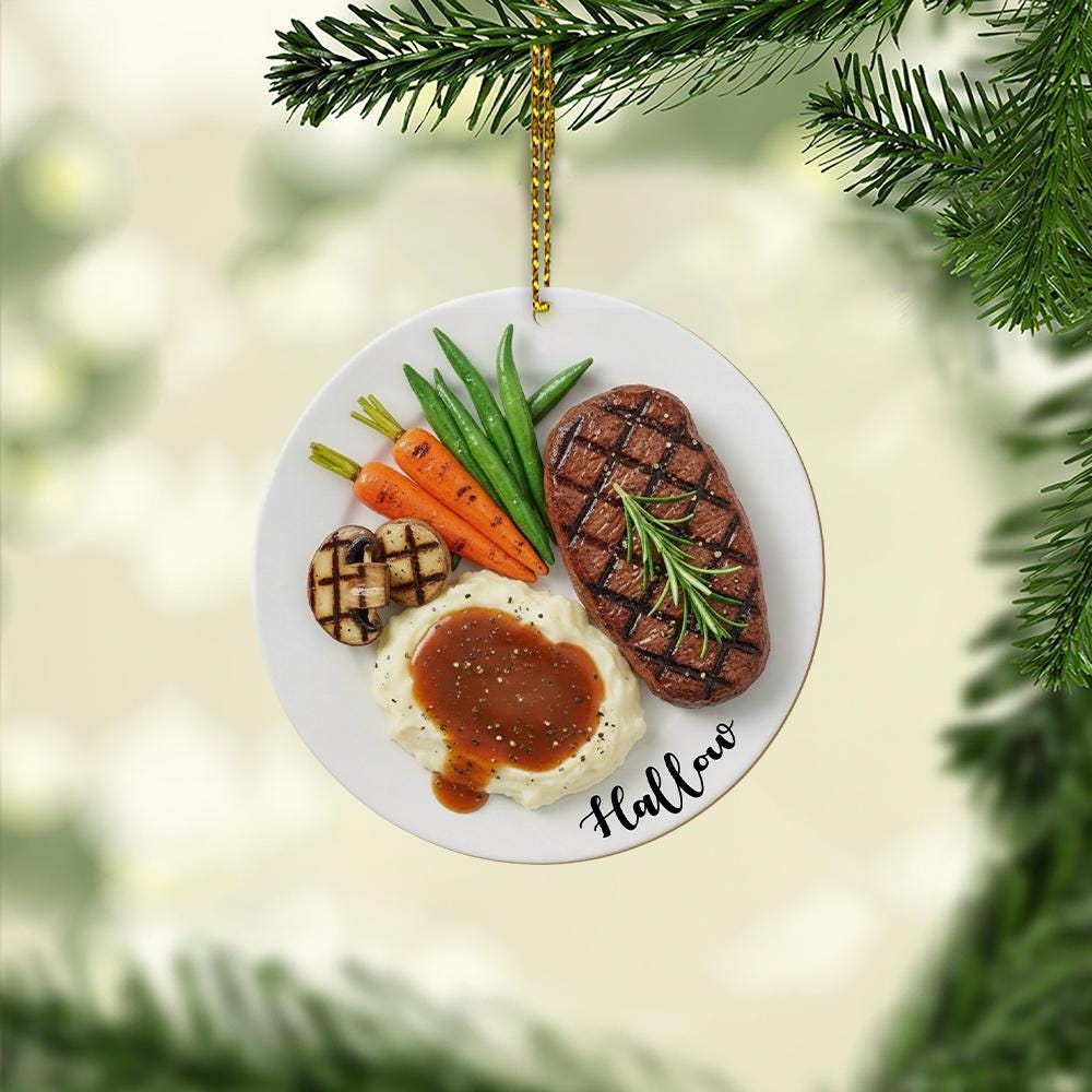 Personalized Steak Ornament – Custom Name Food Dinner Plate Christmas Tree Decoration